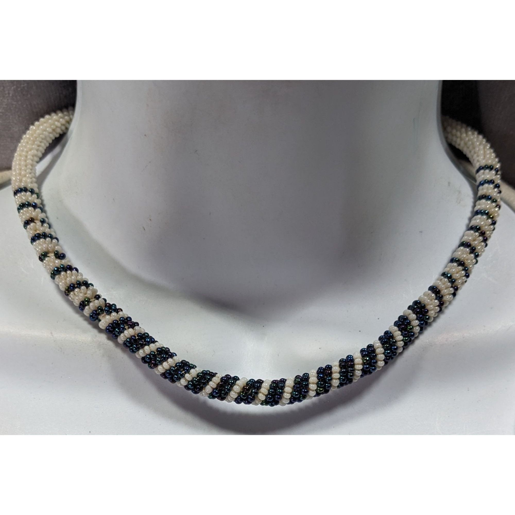 Handmade Vintage Handmade White And Blue/Black Beaded Rope Necklace Size ONE SIZE - 2 Thumbnail