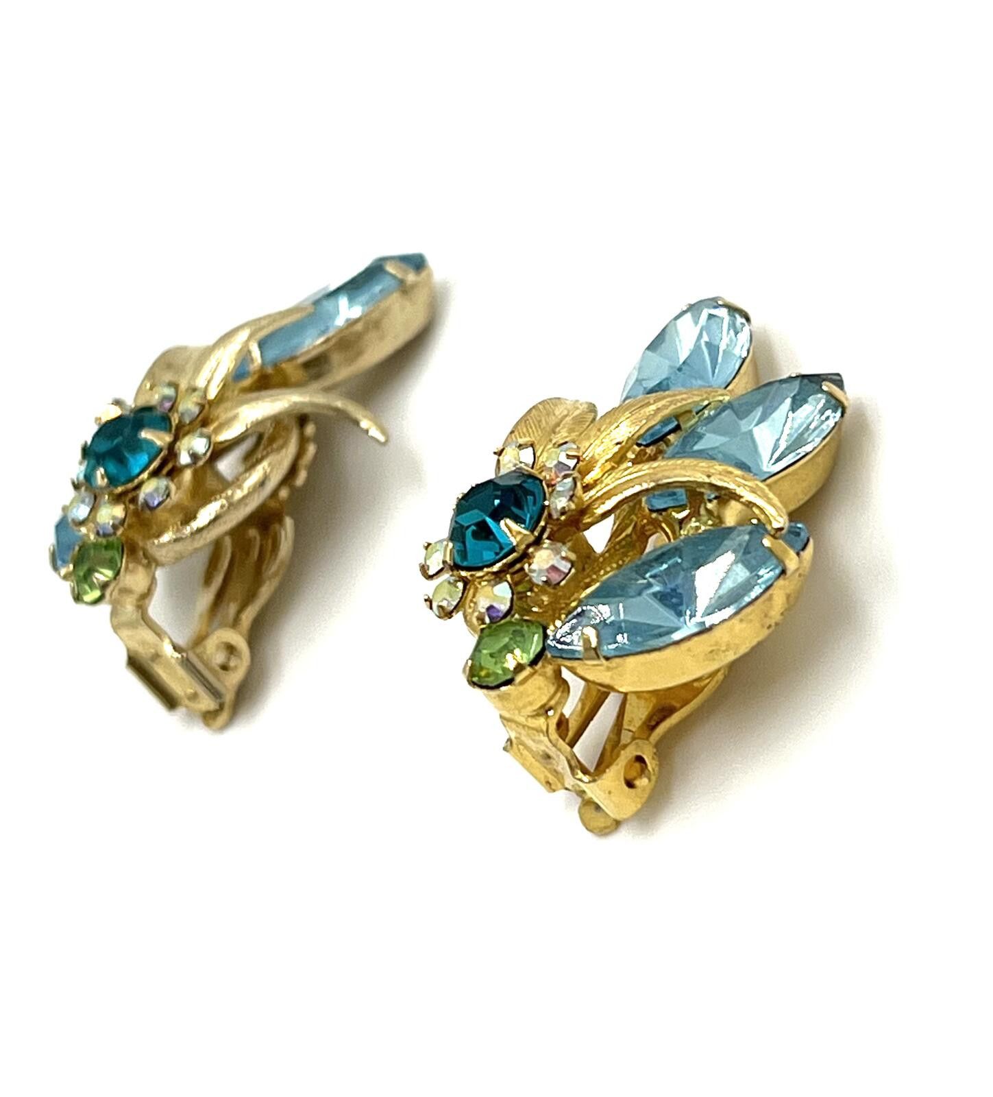 Alexander Julian Juliana Blue Green Rhinestone Glower Floral Clip-On Earrings Size ONE SIZE - 3 Thumbnail