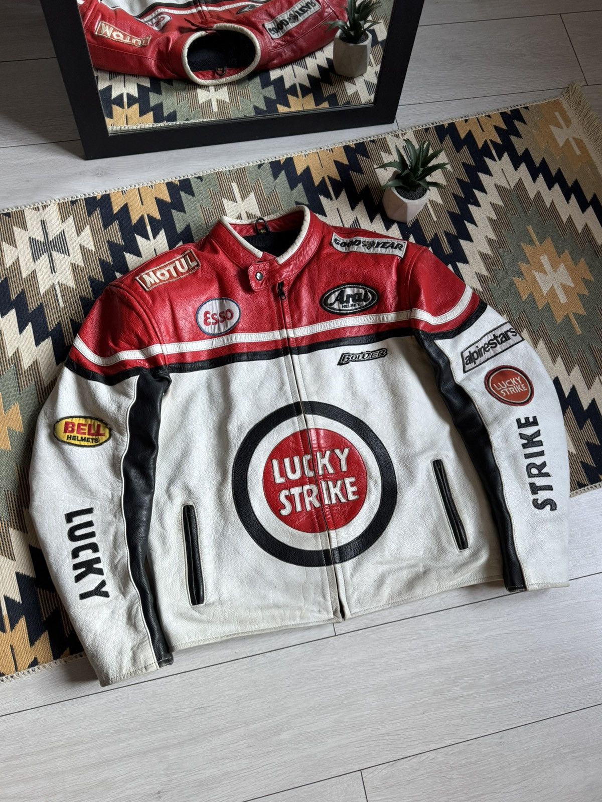 Vintage Vintage 90’s Lucky Strike Big Logo Racing Leather Jacket Size US L / EU 52-54 / 3 - 3 Thumbnail
