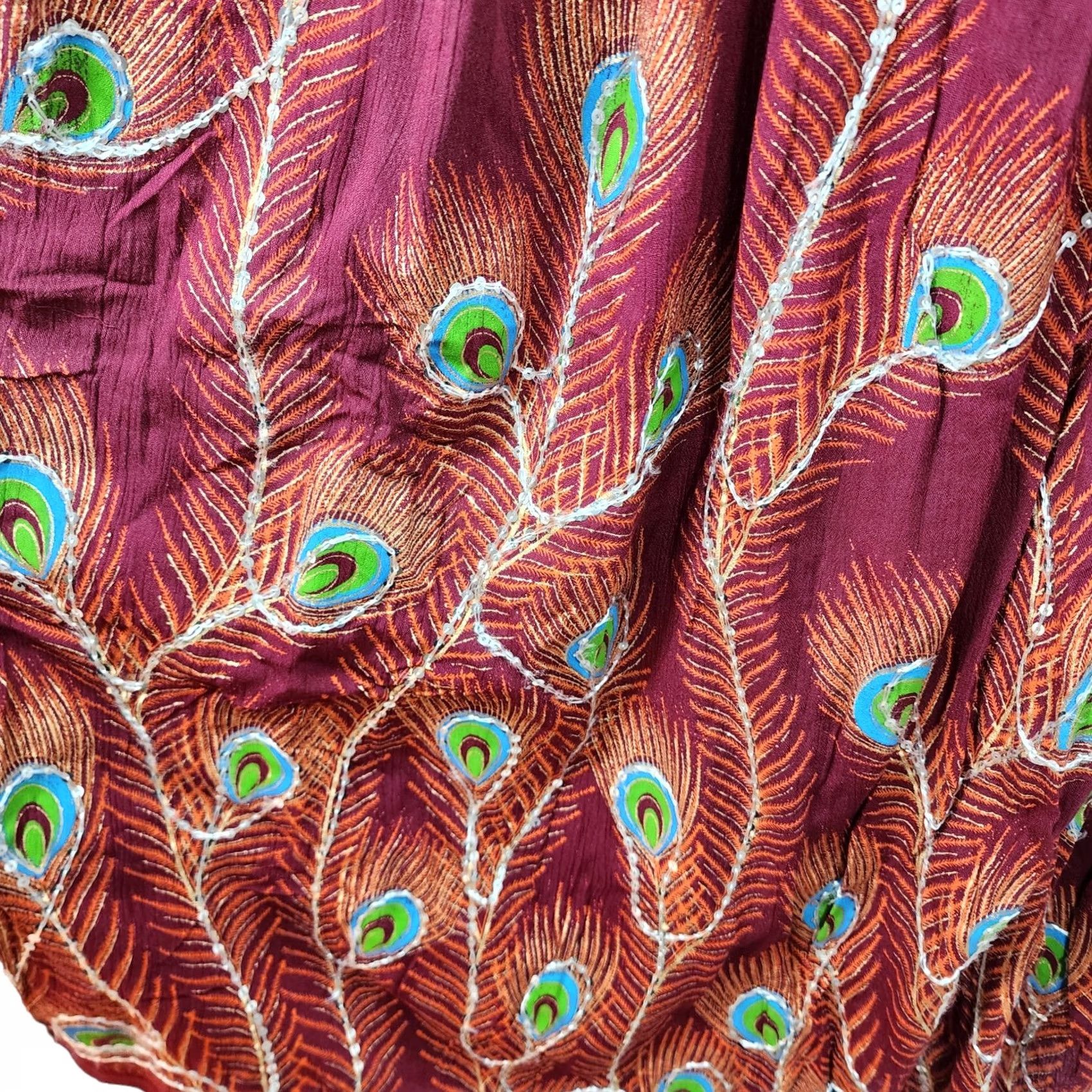 Vintage Boho Broomstick Maxi Skirt Womens M Painted Sequins Peacock Pull On India Size 32" / US 10 / IT 46 - 4 Thumbnail
