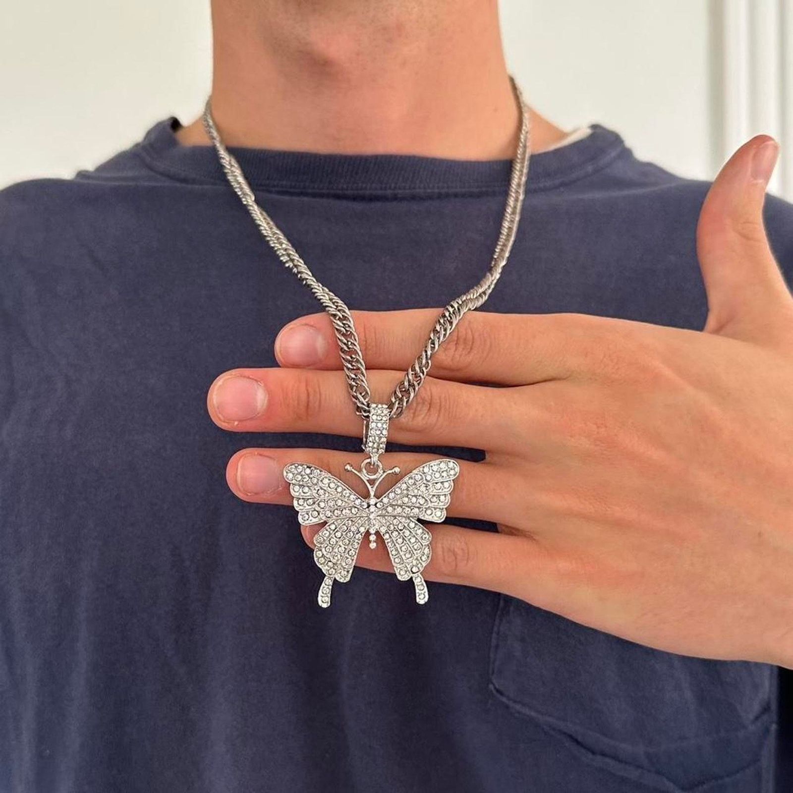 Other 24” Silver Butterfly Rhinestone Studded Necklace Pendant Size ONE SIZE - 6 Thumbnail