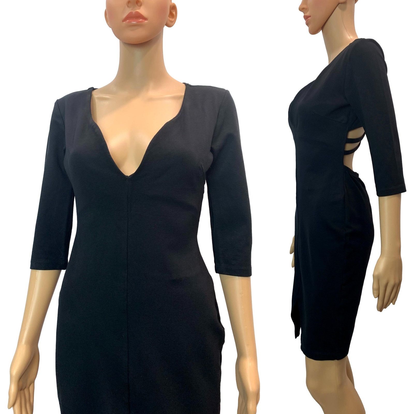 Vintage 80s Black Cut Out Spandex Dress | Low Cut Tight Fit M Size M / US 6-8 / IT 42-44 - 5 Thumbnail
