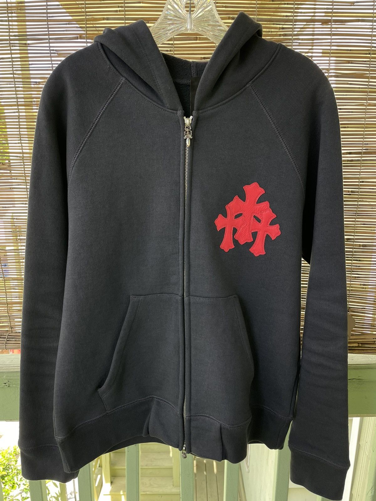 image of Chrome Hearts “Paper Jam” Cemetery Cross Patch Hoodie in Blue, Men's (Size Small)