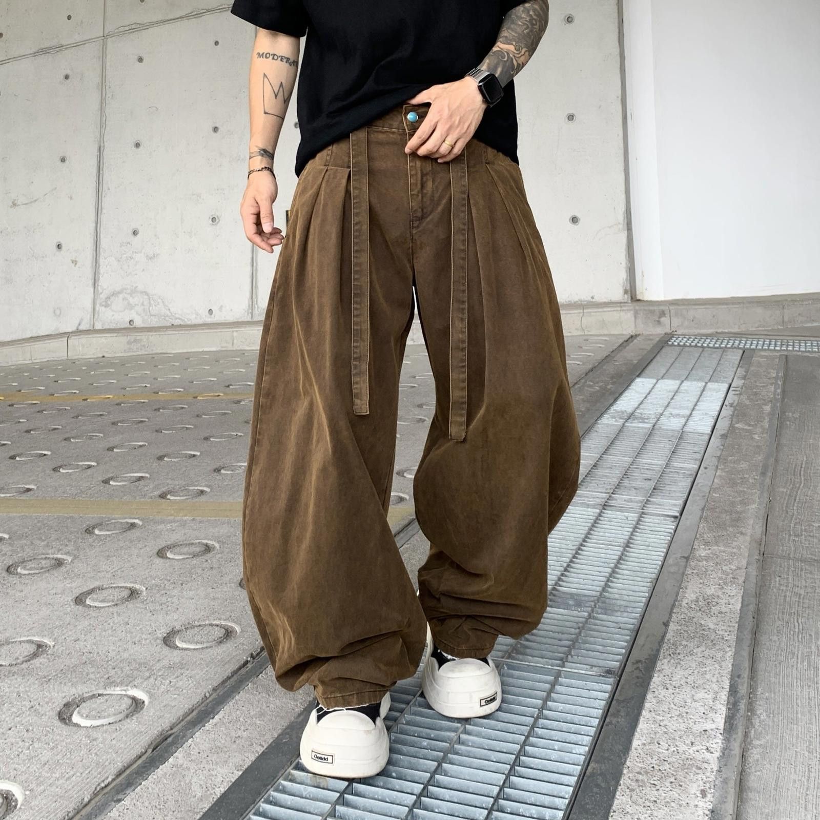 Vintage Brown Baggy Wide Leg Pants, Casual Loose Fit Trousers Size US 32 / EU 48 - 1 Thumbnail