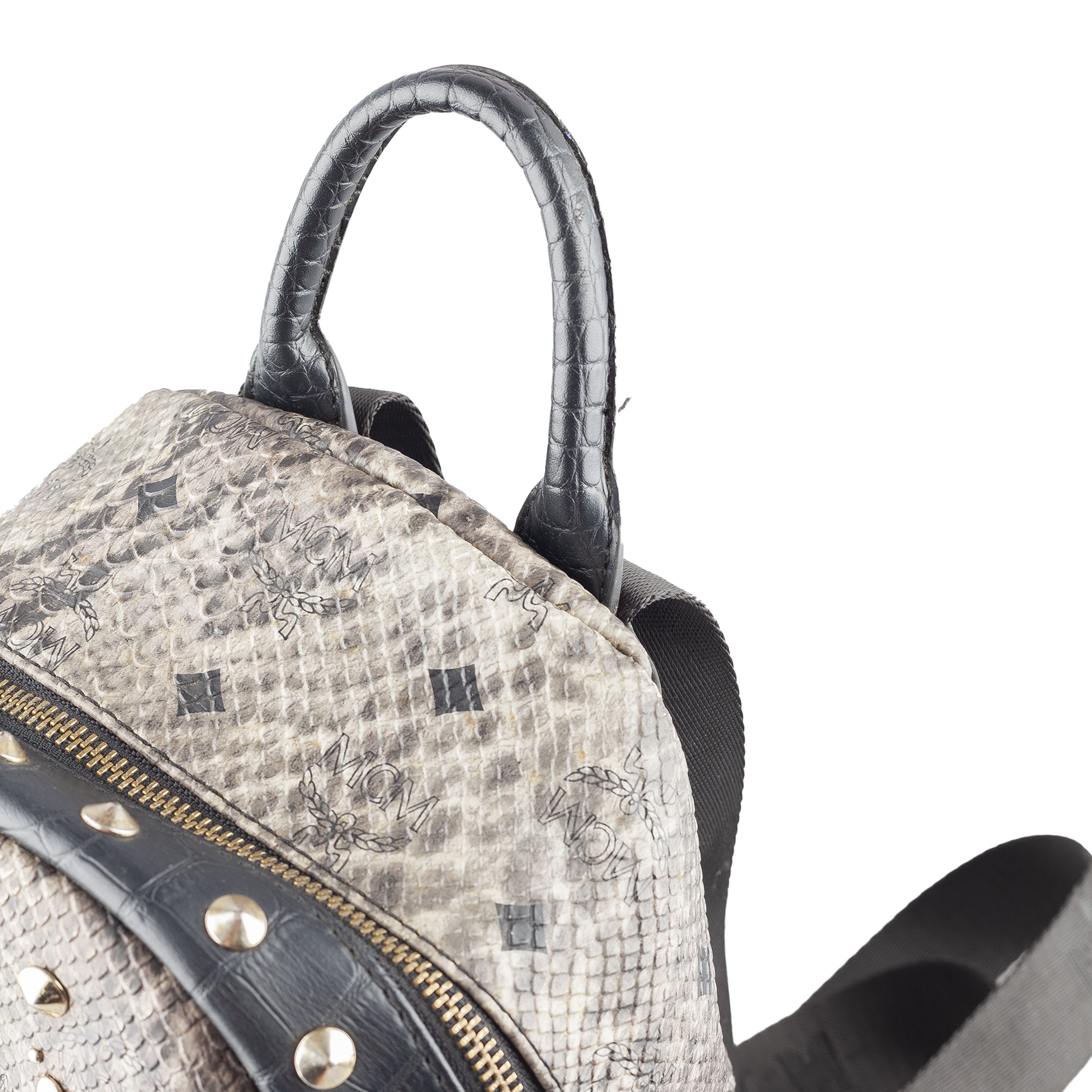 MCM Gray Snakeskin Studded Backpack