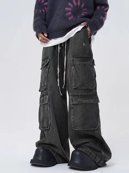 Japanese Brand Retro street multi-pocket drawstring straight-leg jeans Size US 34 / EU 50 - 4 Thumbnail