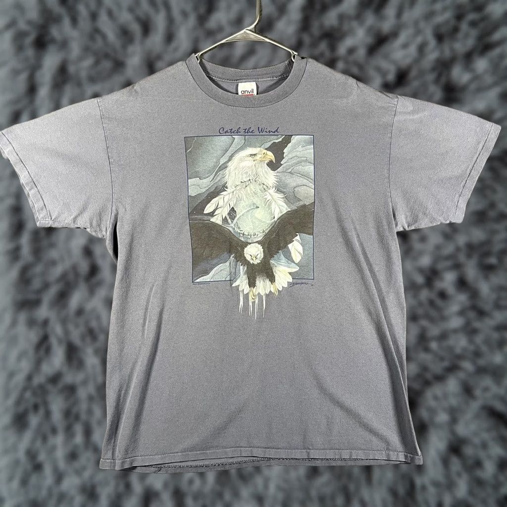 Anvil VINTAGE Anvil Mens XL Blue Catch The Wind Bald Eagle Graphic Tee 90s Y2K Shirt Shirt Mens XL Blue Eagle Nature Graphic Print Size US XL / EU 56 / 4 - 1 Thumbnail
