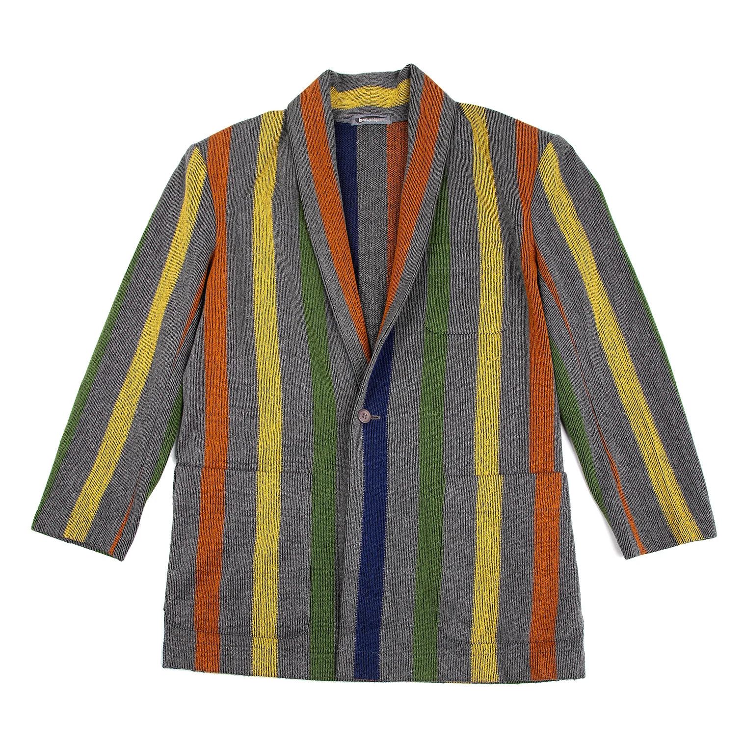Issey Miyake Color Stripe Ribbed Shawl Collar Jacket Gray Multi M Size US M / EU 48-50 / 2 - 1 Thumbnail