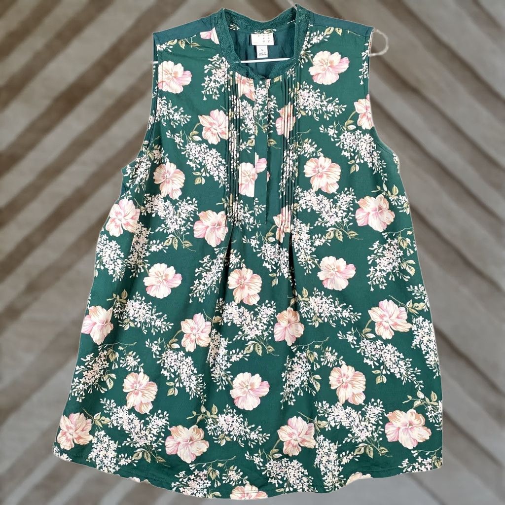 Vintage A New Day Blouse Sleeveless Green Pink Floral L Boho Bohemian Womens Shirt Size L / US 10 / IT 46 - 1 Thumbnail