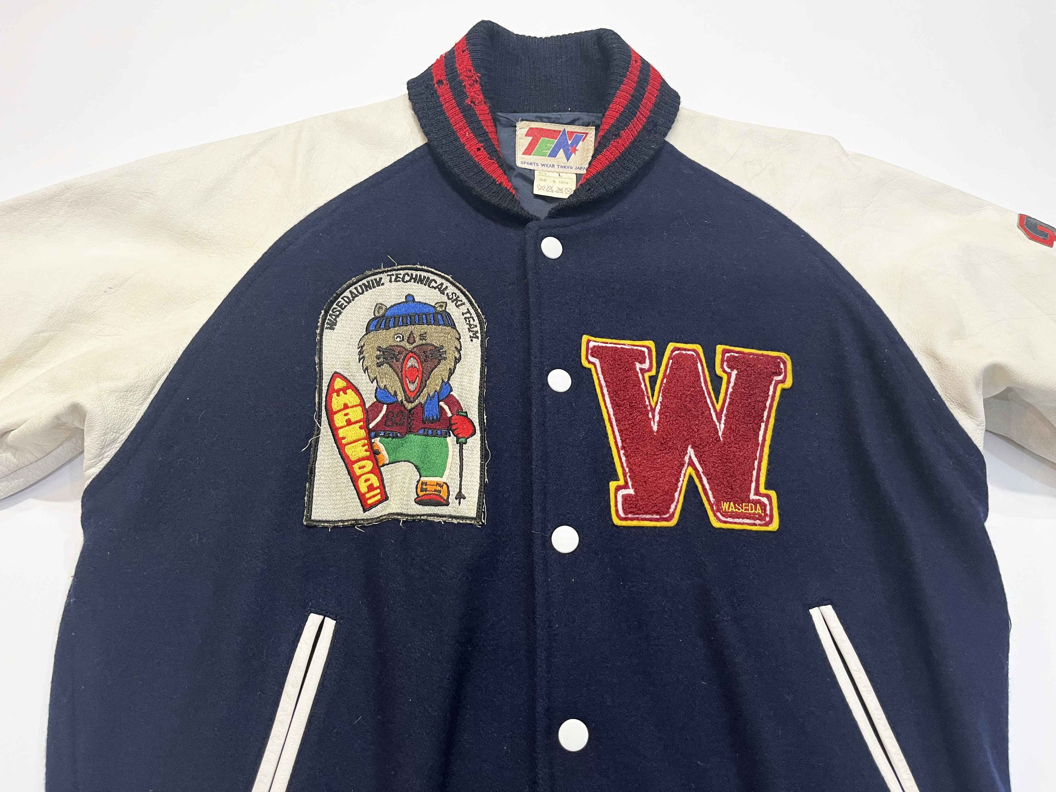 Vintage Vintage Waseda University Ski Team Letterman Leather Jacket Size US L / EU 52-54 / 3 - 2 Thumbnail