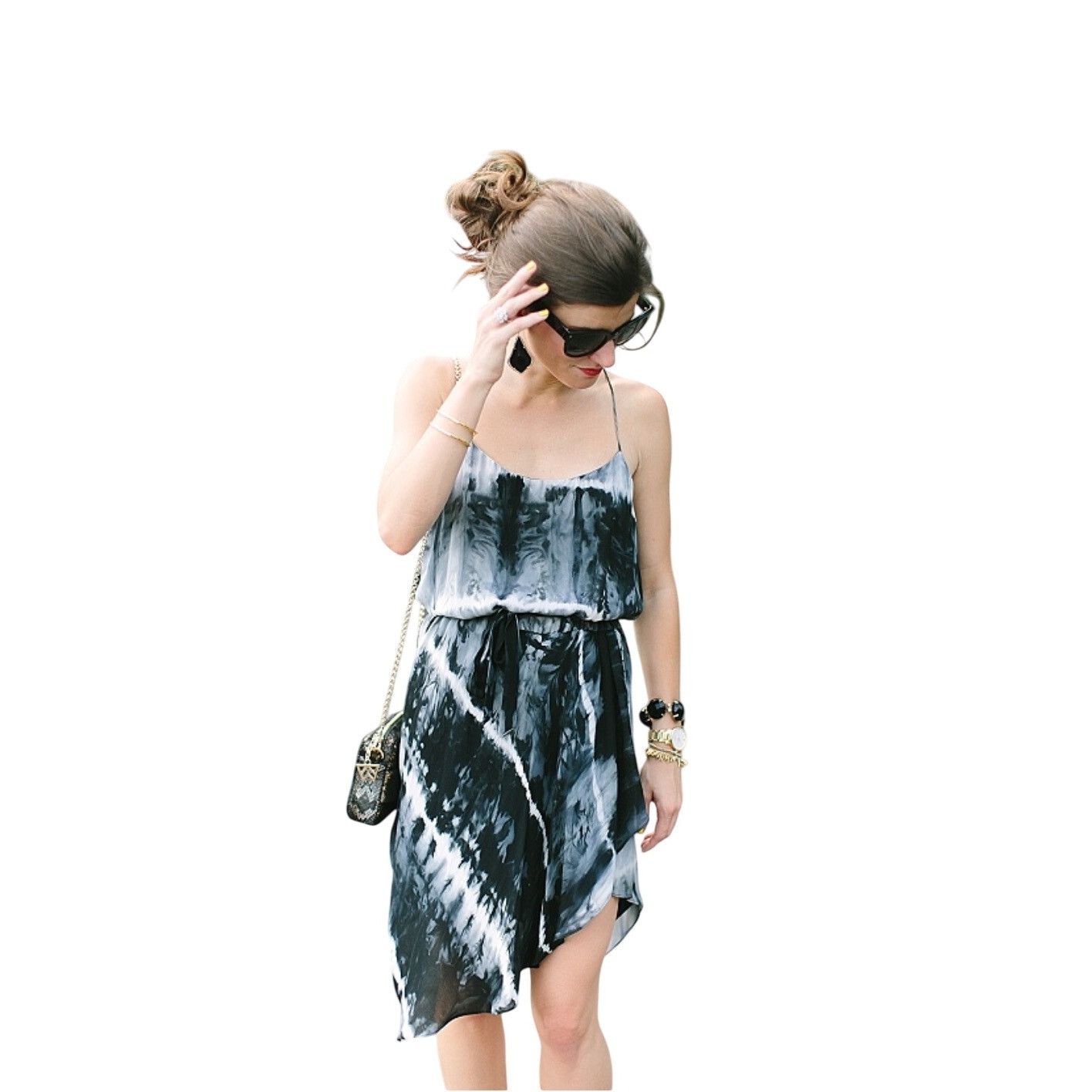 Haute Hippie Silk Dress Black White Tie Dye Racerback Sleeve