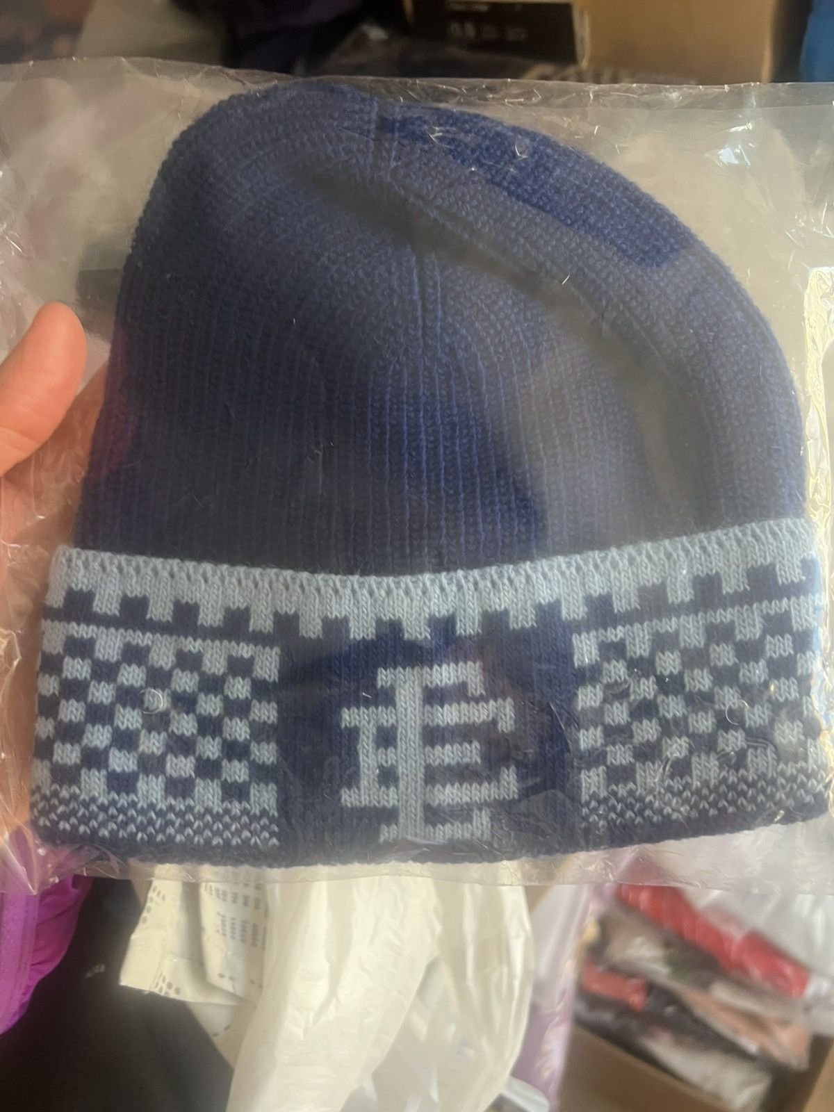 Eric Emanuel Eric Emanuel EE navy & baby blue checker winter hat beanie Size ONE SIZE - 1 Thumbnail