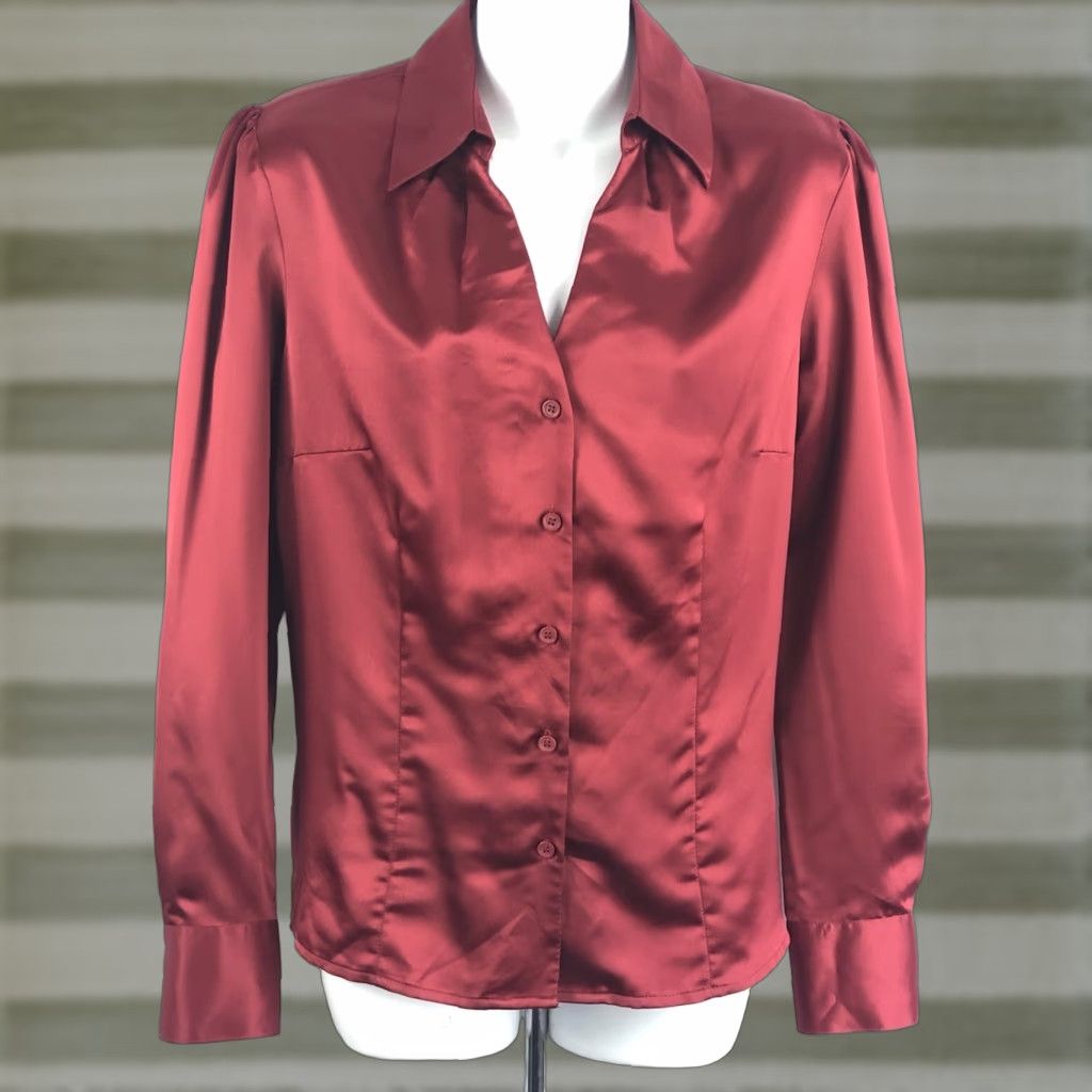 Vintage VINTAGE East 5th Satin Top Blouse 10 Red Button Up Puff Long Sleeve 90s Y2K Holiday Womens Size L / US 10 / IT 46 - 1 Thumbnail