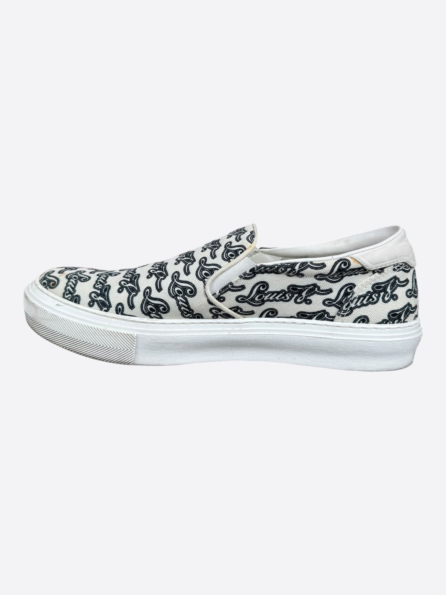 Louis Vuitton Louis Vuitton White & Black Repeat Logo Slip On Sneakers Size US 8 / EU 41 - 6 Thumbnail