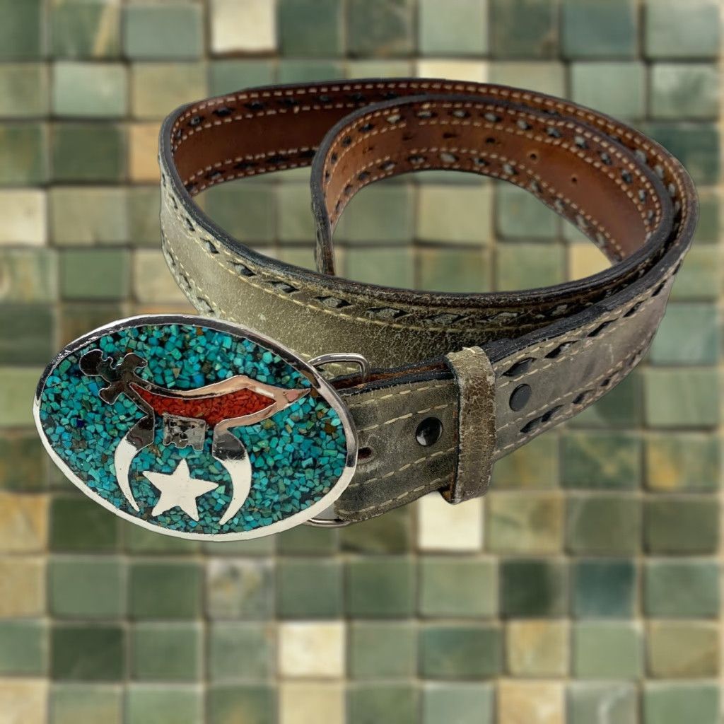 Vintage VINTAGE Nocona Mens Distressed Leather Belt Turquoise Inlay Buckle 36 Gray Inlay Shriners Buckle Size 36 - 1 Thumbnail