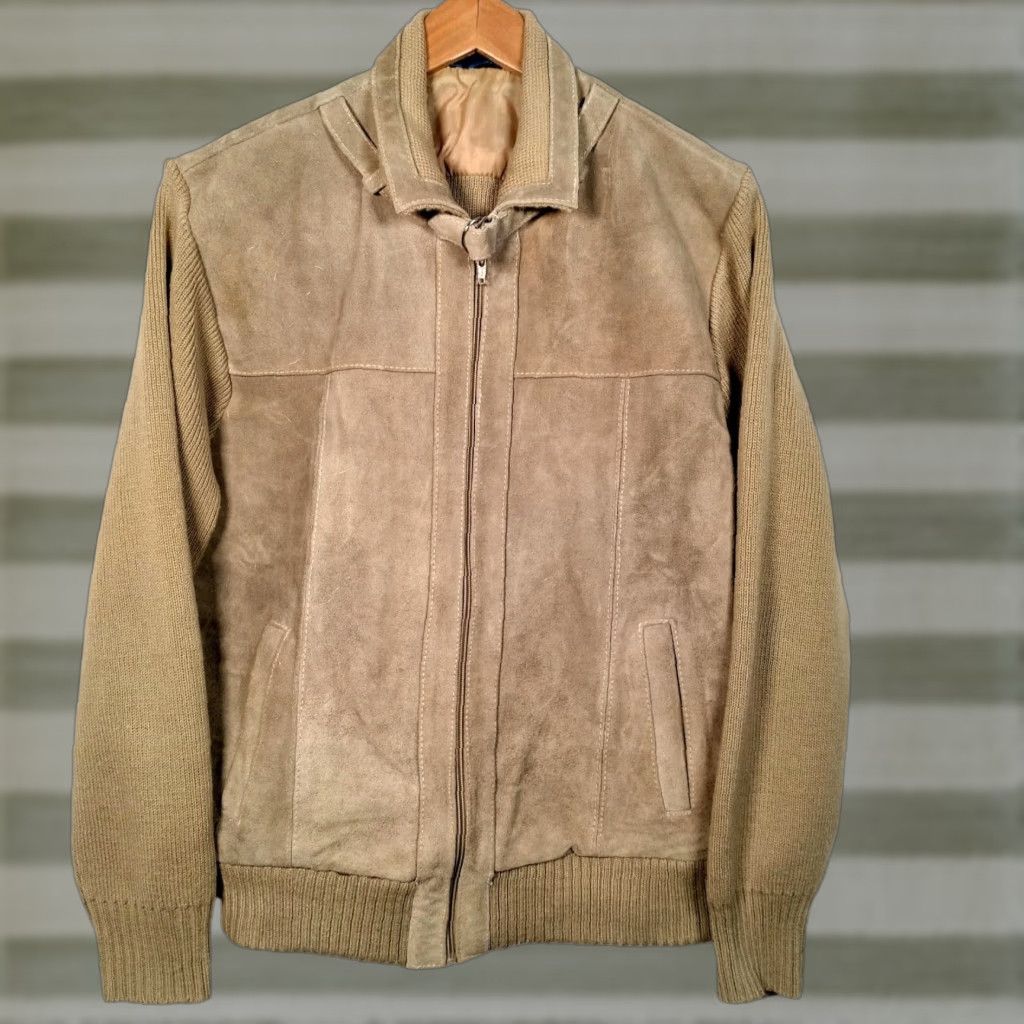 Vintage VINTAGE Carrington Sweater Jacket Men L Beige Leather Cowhide Knit Full Zip Size US L / EU 52-54 / 3 - 1 Thumbnail