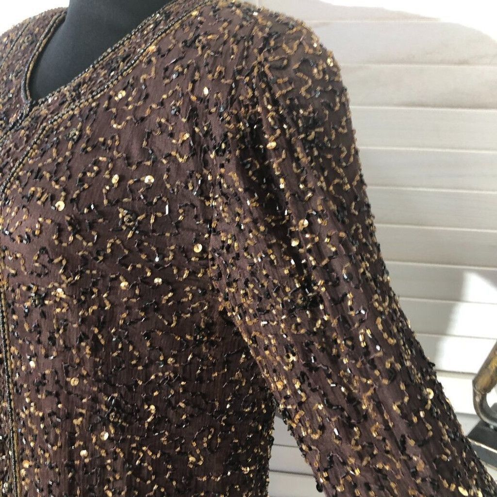 Vintage 100% silk beaded sequined brown blazer long sleeves blouse S Size XS / US 0-2 / IT 36-38 - 5 Thumbnail
