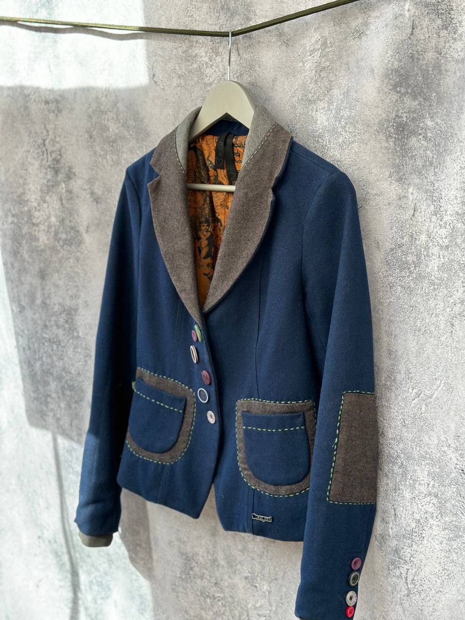 Desigual × Vintage Desigual Patchwork Wool Blazer Navy Blue with Graphic Lining Size XS / US 0-2 / IT 36-38 - 1 Thumbnail