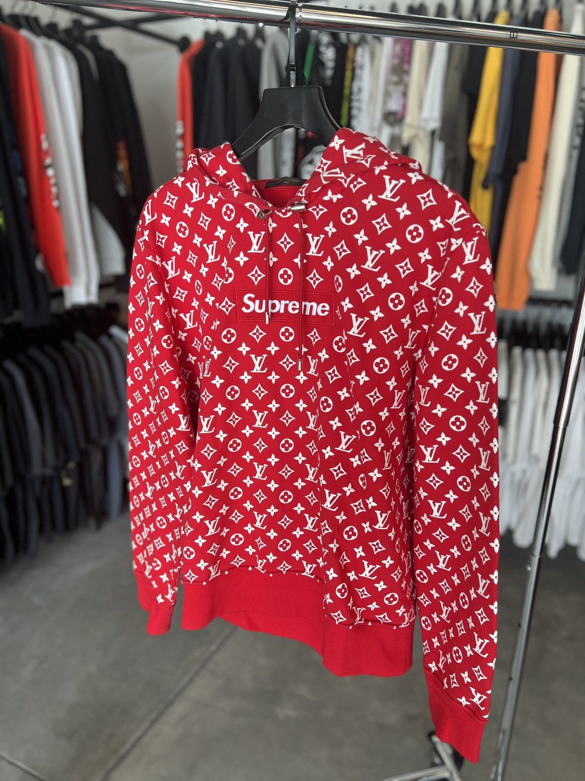 Image of Louis Vuitton Box Logo Hooded Sweatshirt Red, Men's (Size XL)