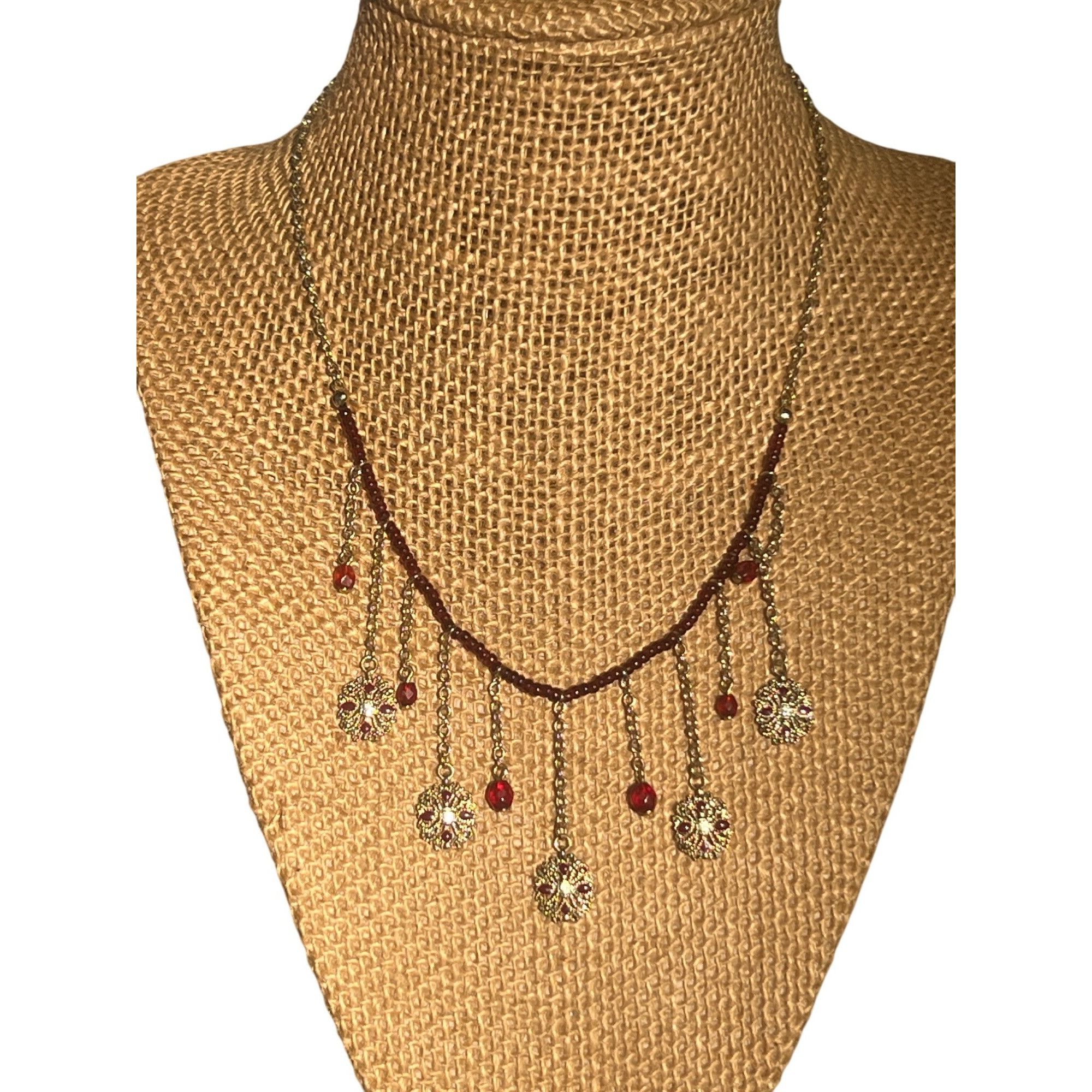 Other Gold Tone Necklace Red Seed Beads Dangling Floral Charms Cho Size ONE SIZE - 1 Thumbnail