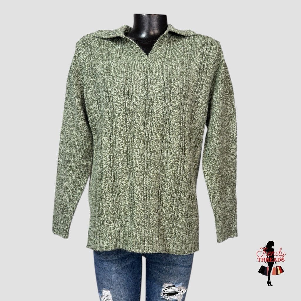 Vintage VTG 80s Mom Sweater Large Cable Knit V Neck Collared Pullove Size L / US 10 / IT 46 - 2 Thumbnail