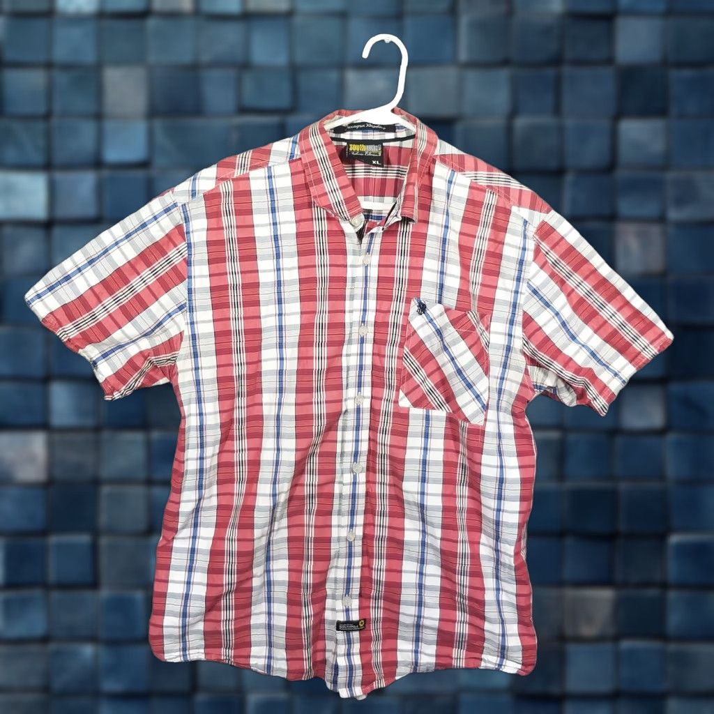 Southpole VINTAGE SouthPole Shirt Hexagon Red Plaid Button Front Short Sleeve Adult XL Red Hip Hop 90s Mens Size US XL / EU 56 / 4 - 1 Thumbnail