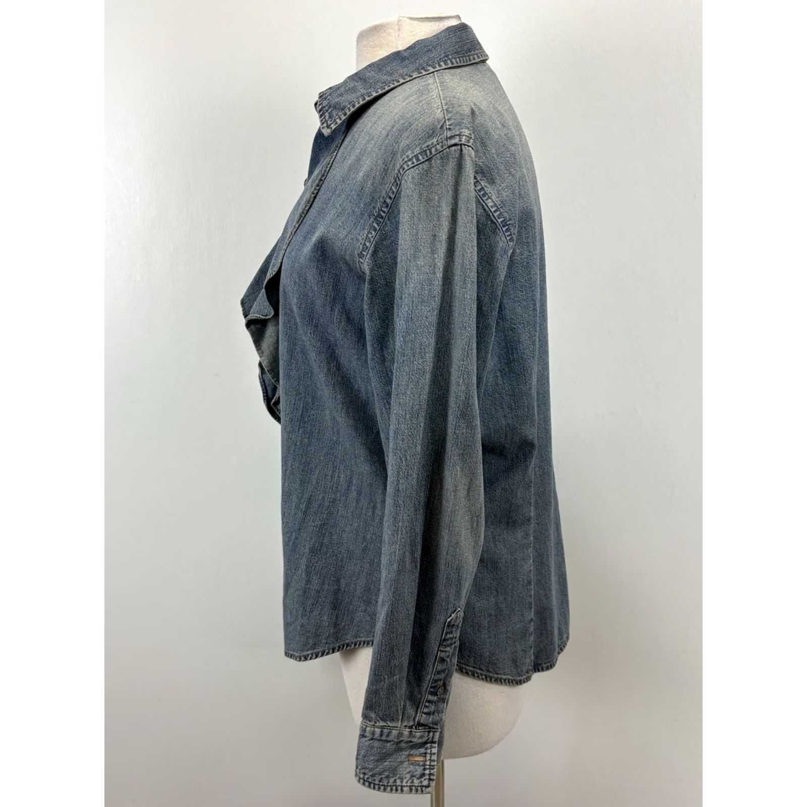 CO VINTAGE Ralph Lauren Jeans Co Denim Ruffle Shirt Women’s L Blue Western Boho Cowgirl Size L / US 10 / IT 46 - 2 Thumbnail