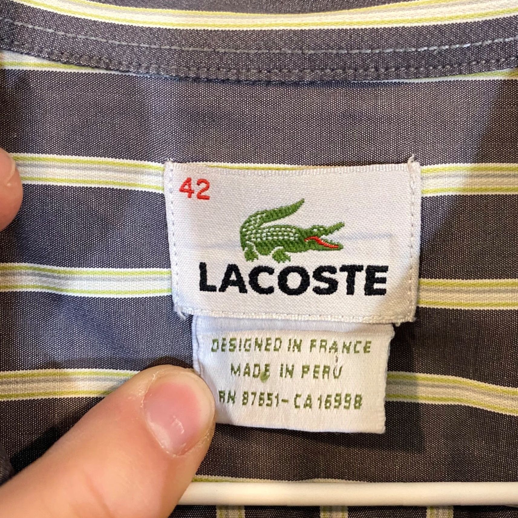 Lacoste VINTAGE Lacoste Shirt Mens 42 Gray Green Striped Button-Up Dress Top L/S France Mens Size US XL / EU 56 / 4 - 2 Thumbnail