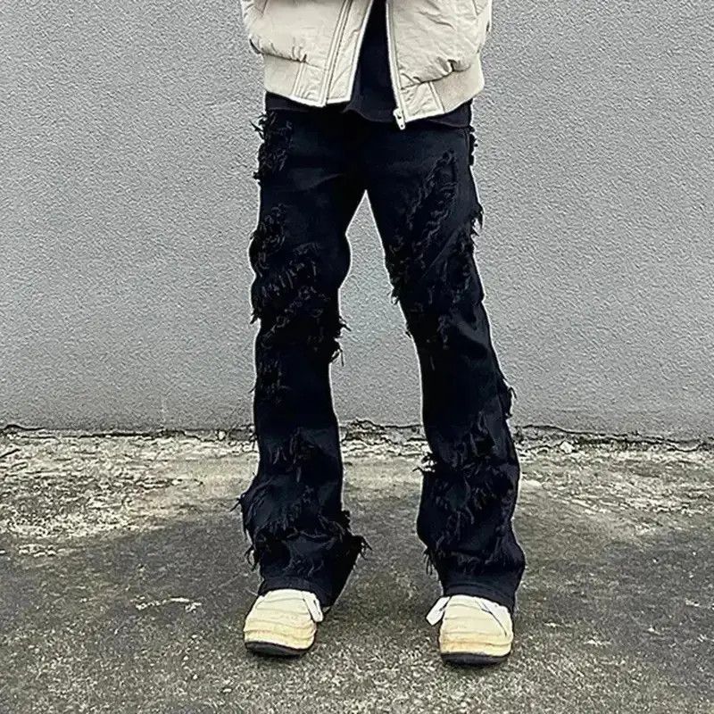 Japanese Brand Opium Distressed Black Stack Denim Jeans y2k retro style Size US 32 / EU 48 - 2 Thumbnail