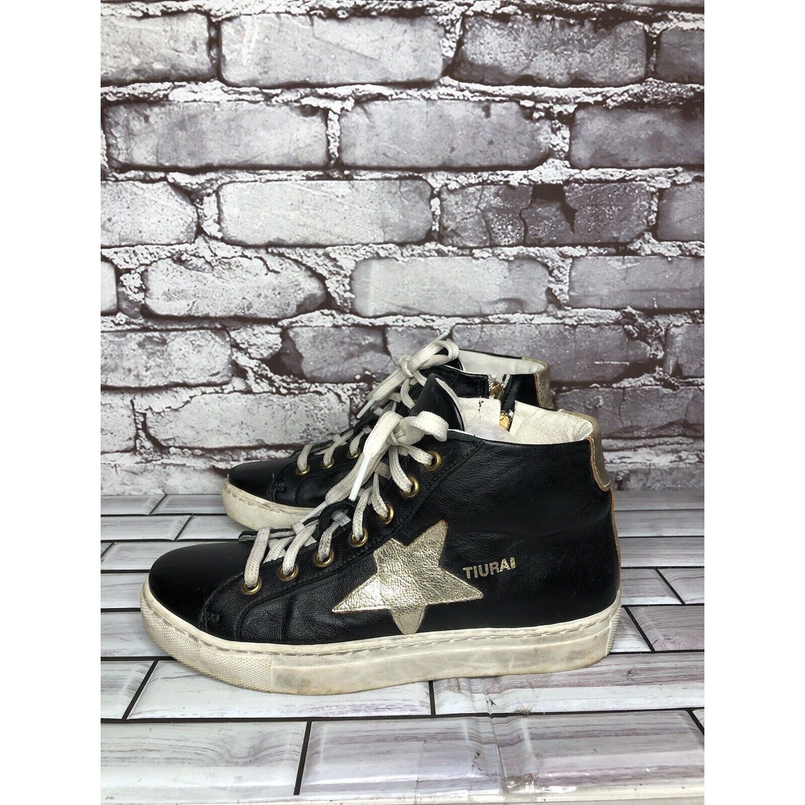 Other Tiurai Logo Black Leather High Top Lace Up Sneakers Shoes Wo Size US 6 / IT 36 - 11 Thumbnail