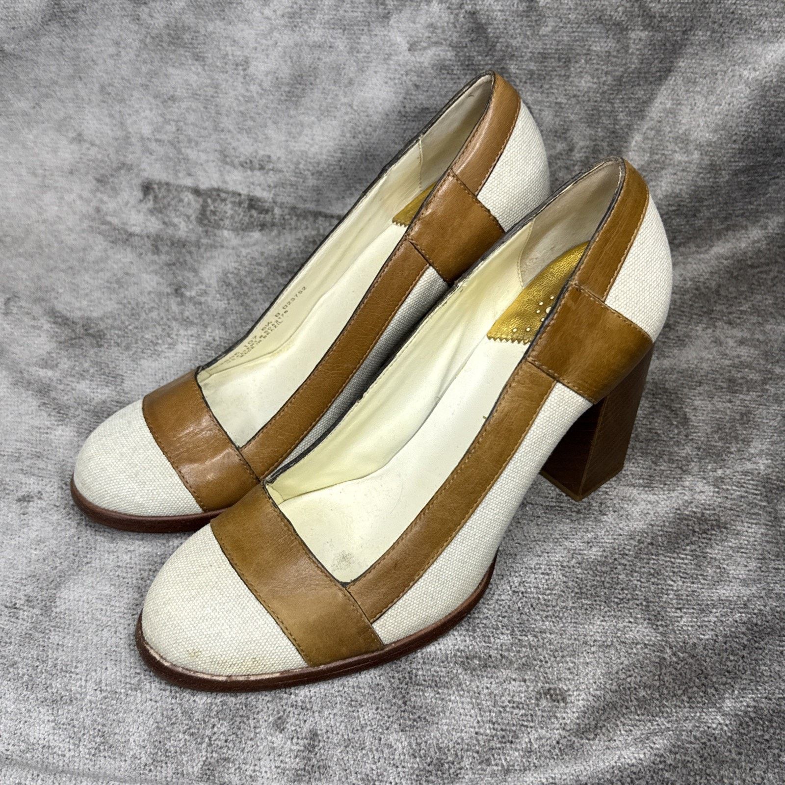 Cole Haan Cole Haan Canvas Ivory Tan Leather Block Heel Pumps 6.5B Size US 6.5 / IT 36.5 - 2 Thumbnail