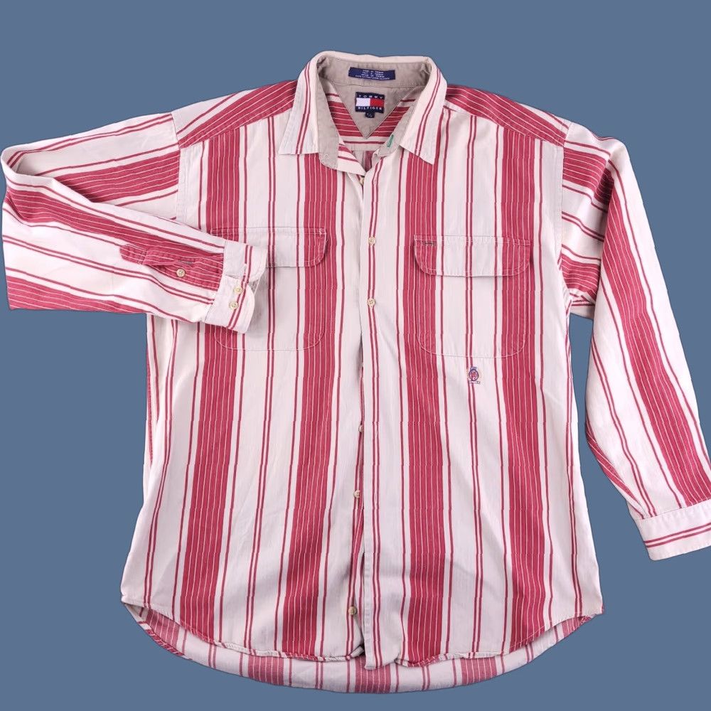 Tommy Hilfiger VINTAGE Tommy Hilfiger Shirt Mens XL Red Stripe Retro Button Long Sleeve Bowling Size US XL / EU 56 / 4 - 1 Thumbnail