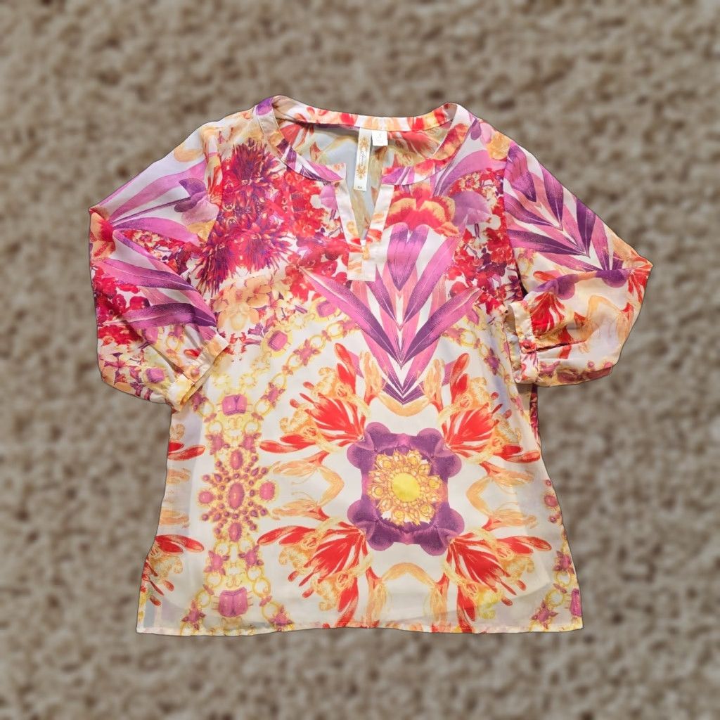 Vintage Adiva Top Womens Size S Purple Yellow Floral Abstract Sheer Tunic Casual Blouse Shirt Size S / US 4 / IT 40 - 1 Thumbnail
