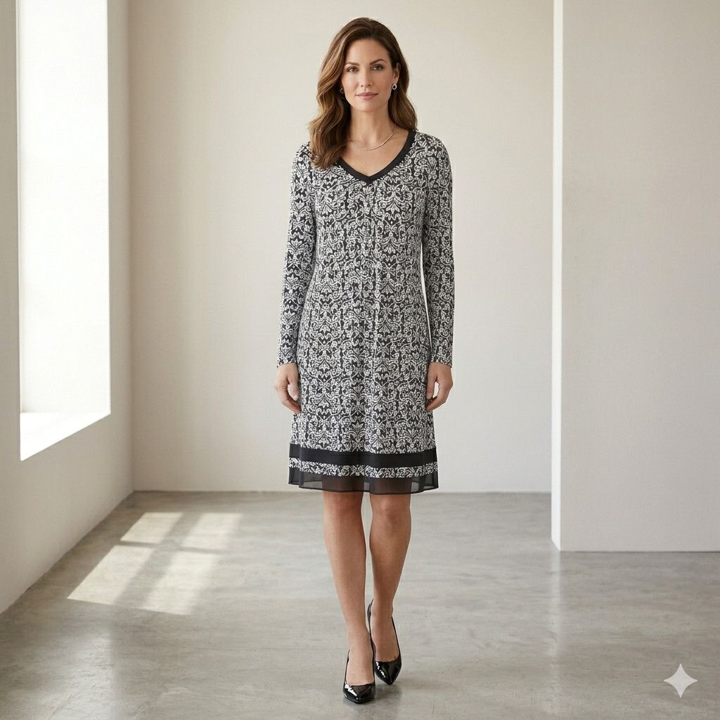 Anne Klein Anne Klein Size M/L Dress Jersey Shift Black Damask Floral Size L / US 10 / IT 46 - 2 Thumbnail