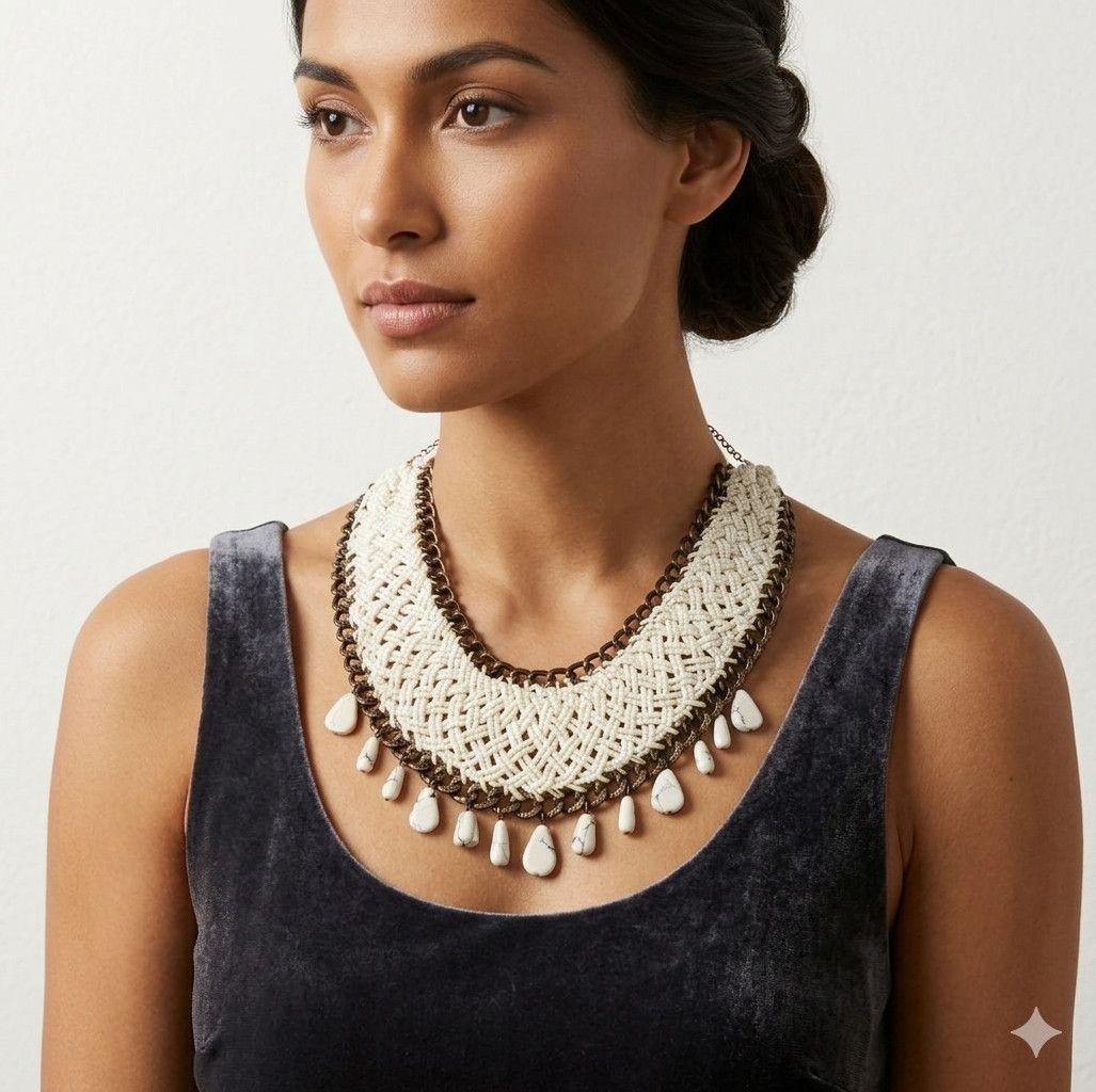Handmade Necklace 18-24" Collar Woven Beaded Hand Crafted White Size ONE SIZE - 2 Thumbnail
