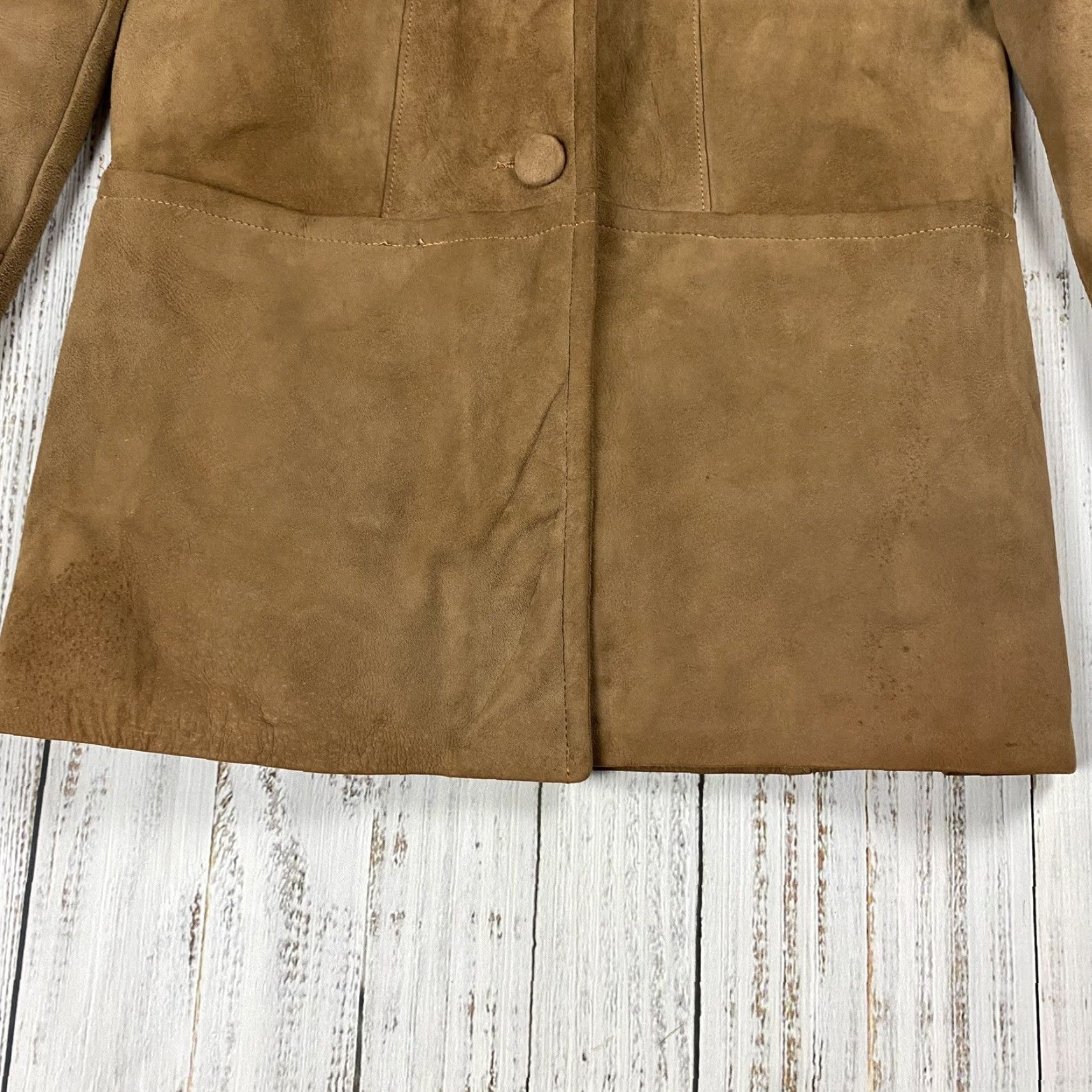 Vintage VINTAGE BOHO SUEDE LEATHER BLAZER Women’s 10 Long Brown Button Sherpa Liner - 50s 60s Style - jacket coat Size L / US 10 / IT 46 - 4 Thumbnail