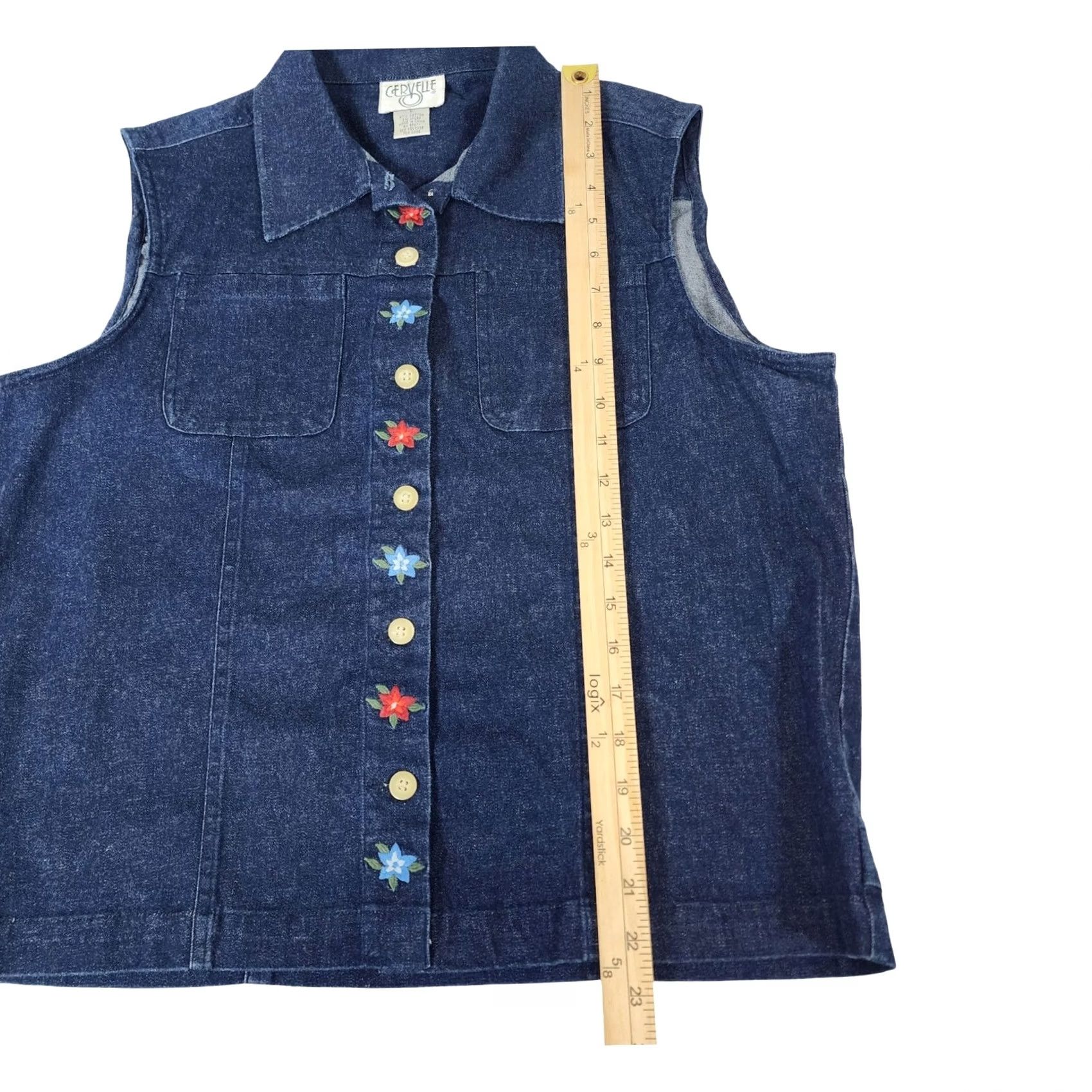 Denime VINTAGE Cervelle Denim Vest Womens Floral Embroidered Button Medium L Blue 90s Size L / US 10 / IT 46 - 4 Thumbnail