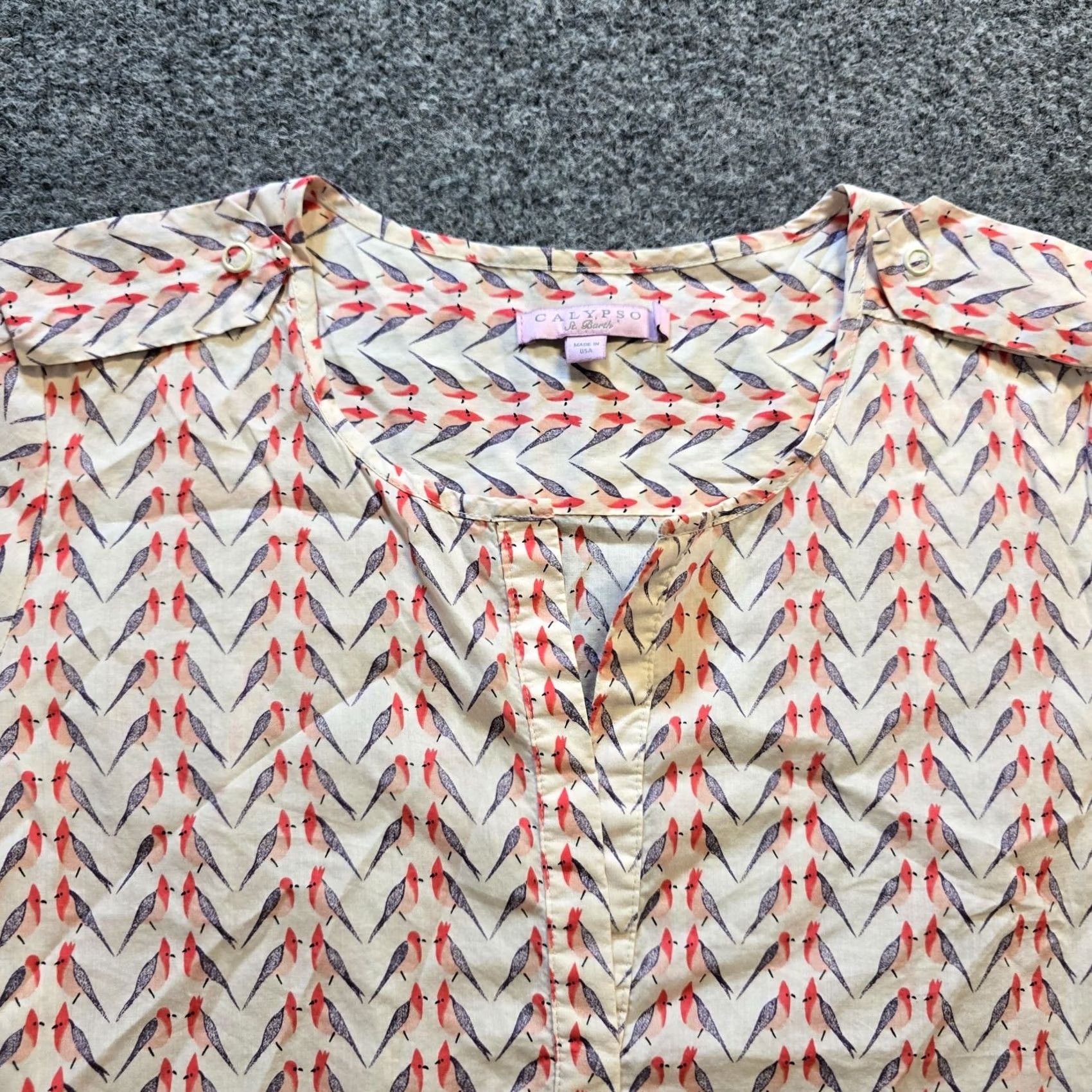 Vintage Calypso St Barth Top Womens XS White Red Cardinal Bird Popover Tunic Casual Shirt Blouse Tunic Women Short Puff Sleeve V-Neck Lightweight Cotton Size XS / US 0-2 / IT 36-38 - 2 Thumbnail