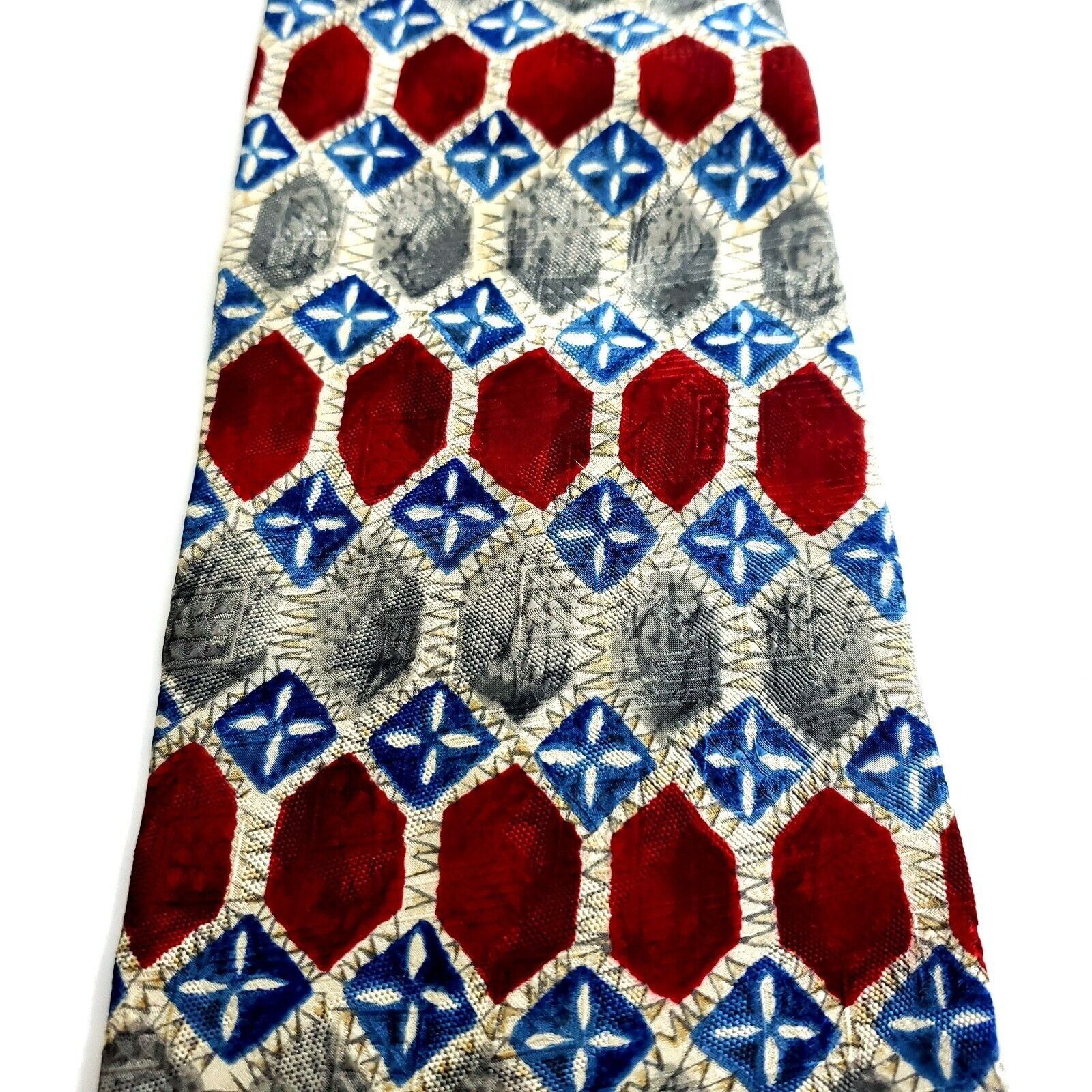 Designer Preswick & Moore Tan Red Blue Geometric Print Wide Silk Tie Size ONE SIZE - 2 Thumbnail