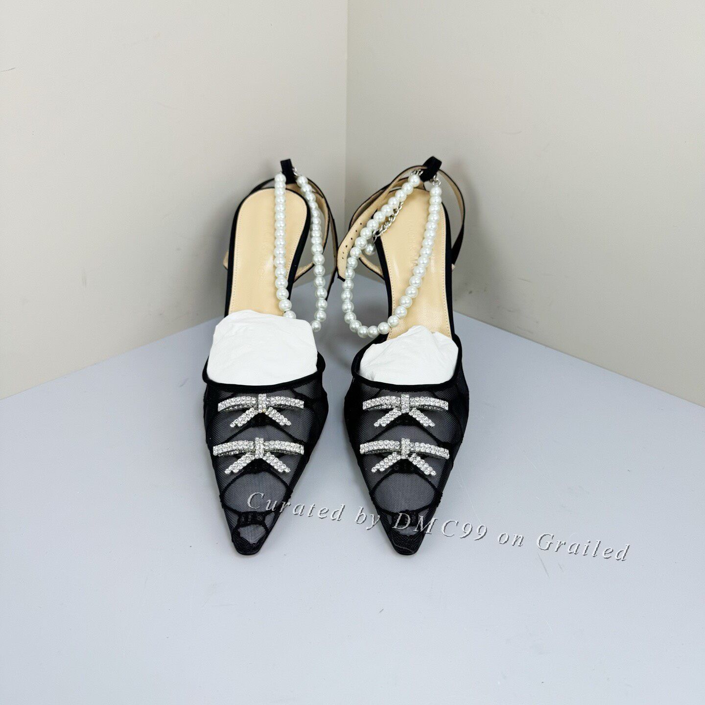 MACH & MACH Mach&Mach Black Pearl Chain Mesh Heels Size US 6 / IT 36 - 1 Thumbnail