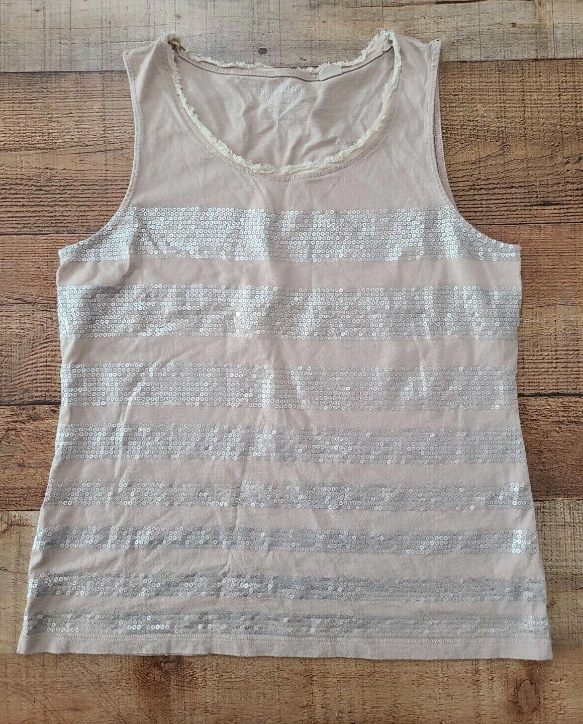 Chicos Chicos Tank Top Size 1 Beige Tan Sequin Striped Fringe Size XS / US 0-2 / IT 36-38 - 1 Thumbnail