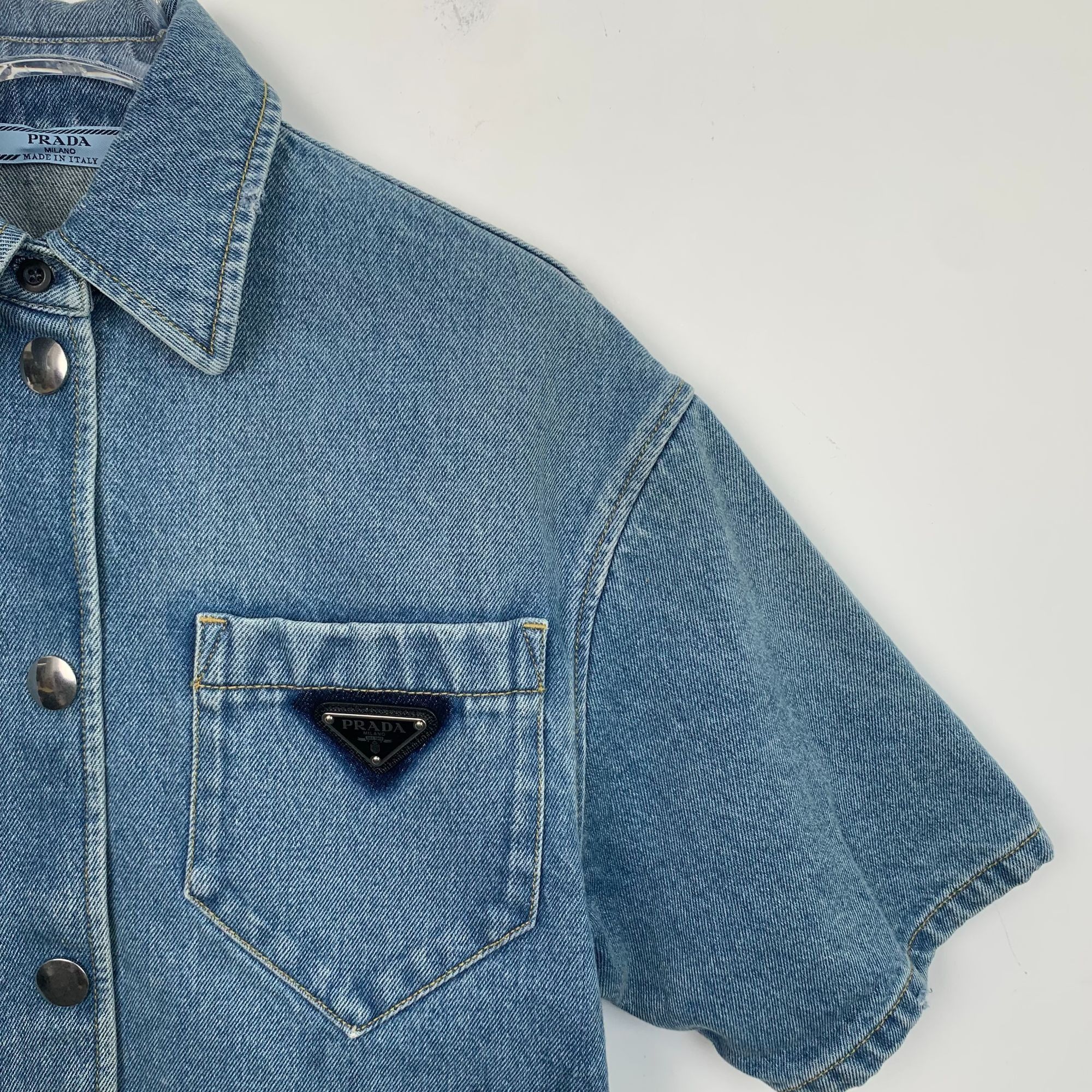 Prada Prada Womens Short-Sleeve Denim Button-Up Shirt With Chest P Size XS / US 0-2 / IT 36-38 - 3 Thumbnail