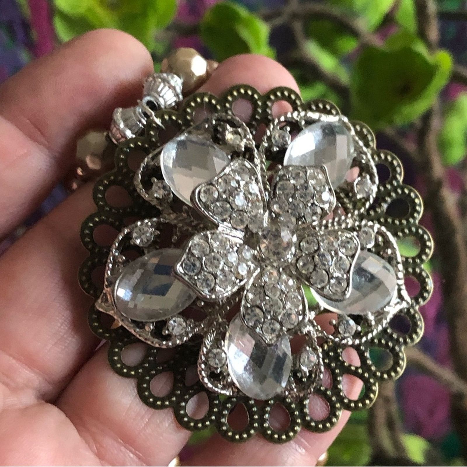 Handmade Handcrafted repurpose floral stone filigree Pearl necklace Size ONE SIZE - 8 Thumbnail