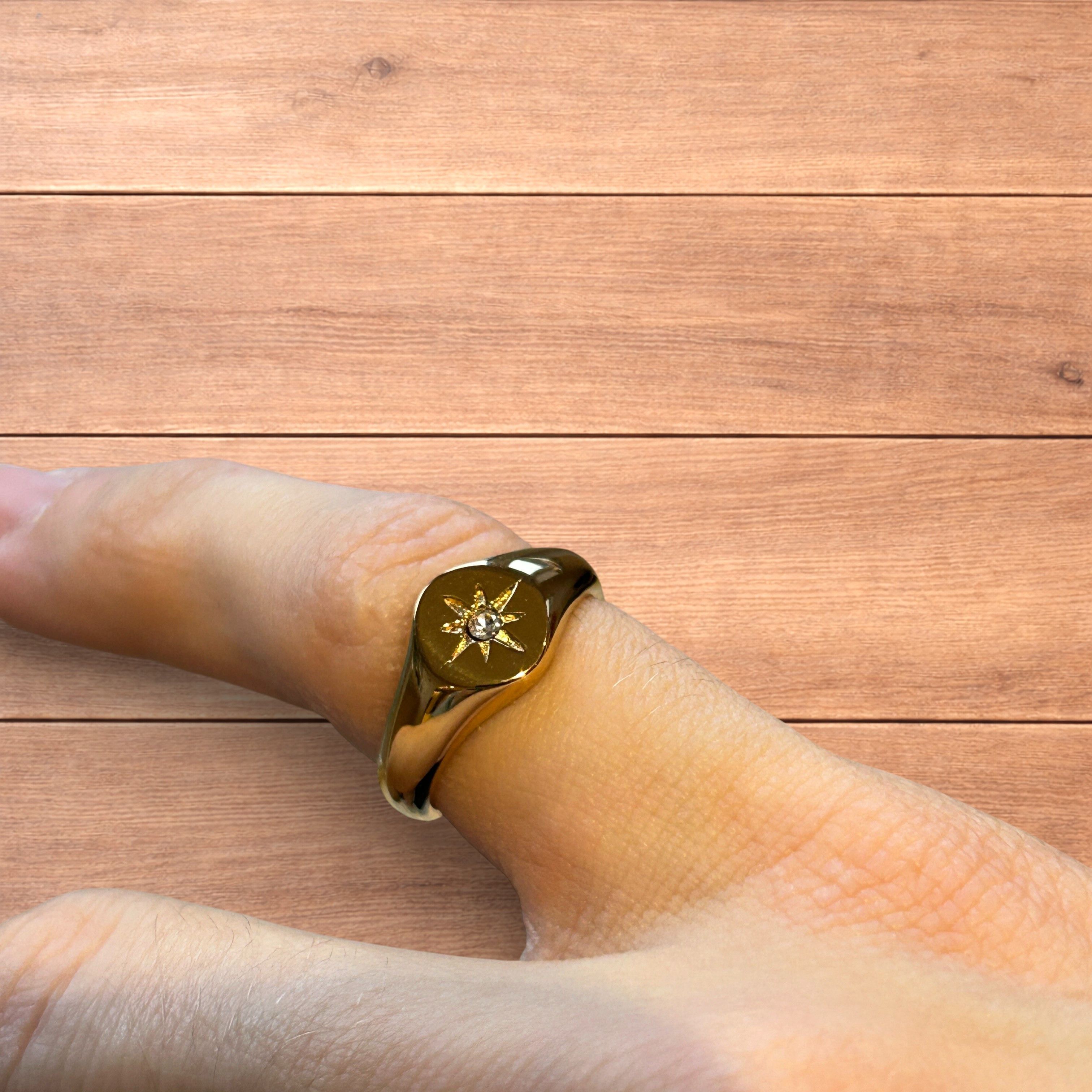 Japanese Brand Vintage style signet ring with diamond star detail in gold. Size ONE SIZE - 1 Thumbnail
