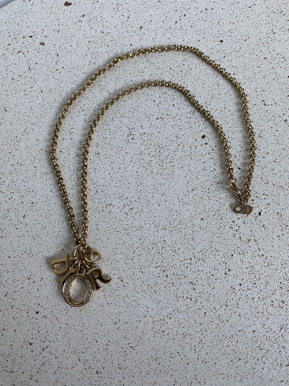 Dior × Vintage Christian Dior Logo Letters Motif Necklace Gold Rhinestones Size ONE SIZE - 1 Thumbnail