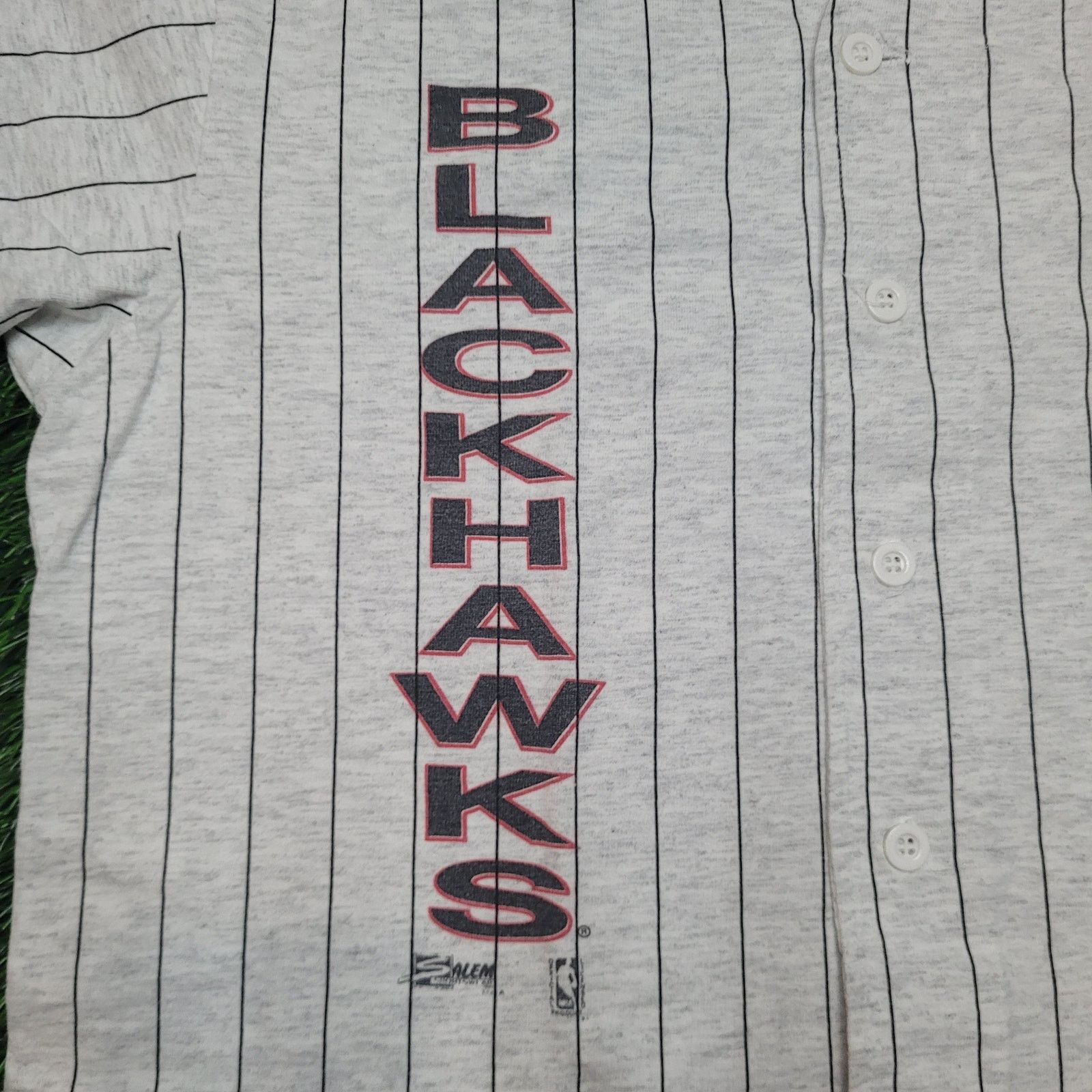 Salem Sportswear VTG 90s Chicago Blackhawks Pinstripe Button Up Jersey Tee L Size US L / EU 52-54 / 3 - 3 Thumbnail
