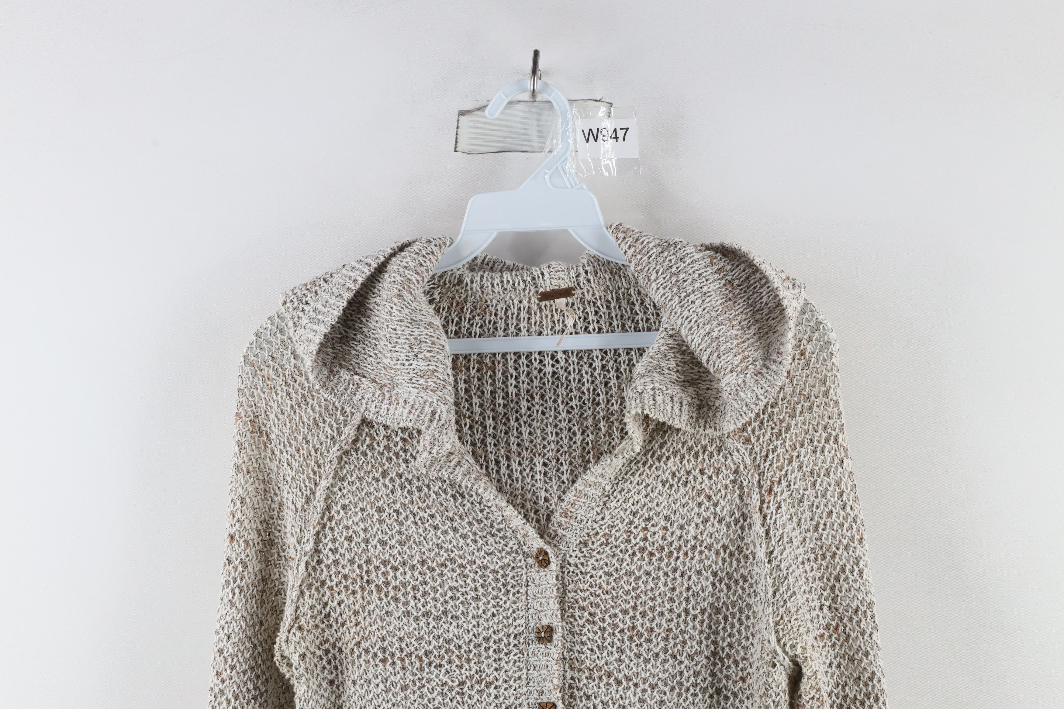 Free People × Vintage Free People Lightweight Crochet Knit Henley Hoodie Beige Size M / US 6-8 / IT 42-44 - 2 Thumbnail