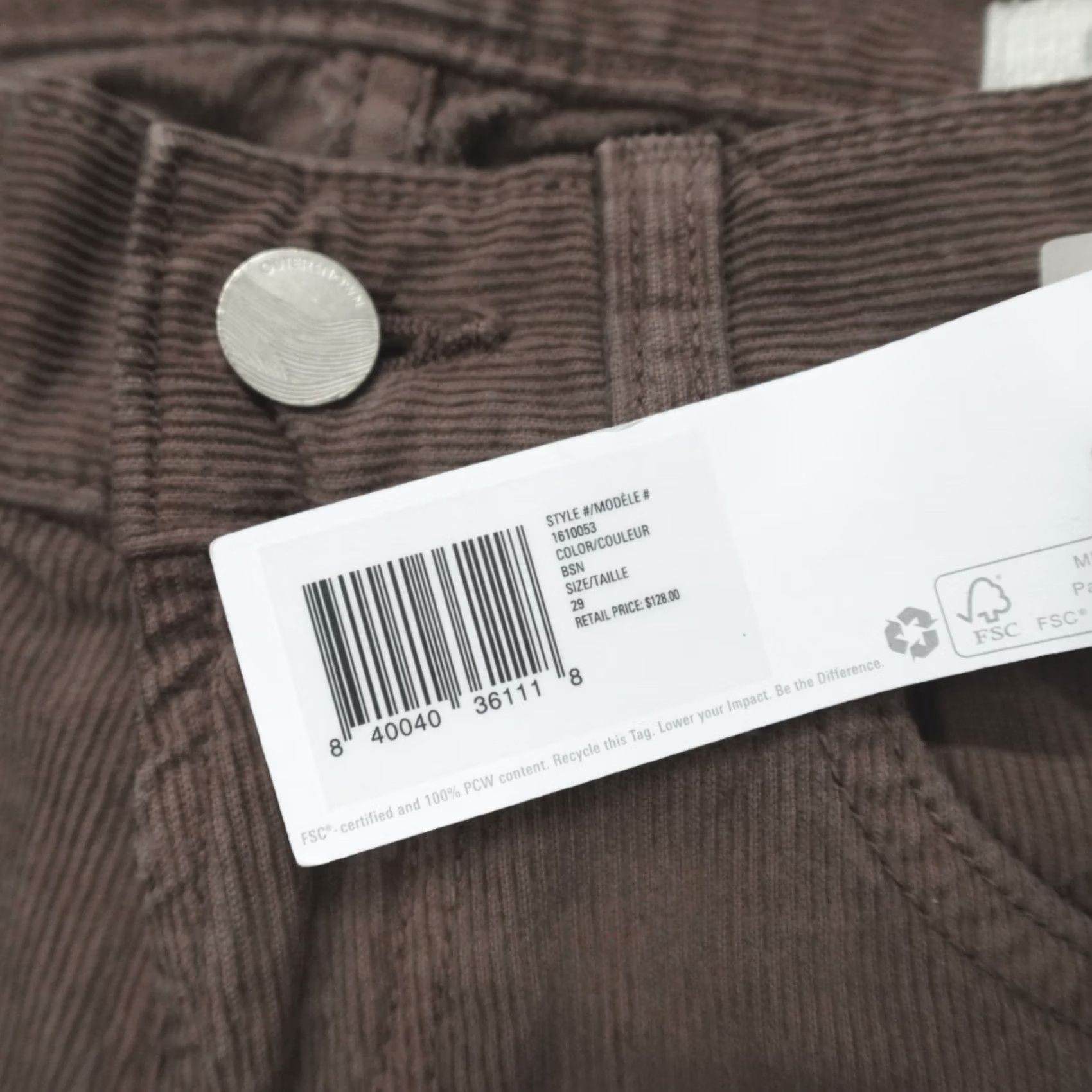 Outerknown Outerknown Townes 5-Pocket Cord Pants Men's Size 29 Organic Cotton BSN Brown Size US 29 - 3 Thumbnail