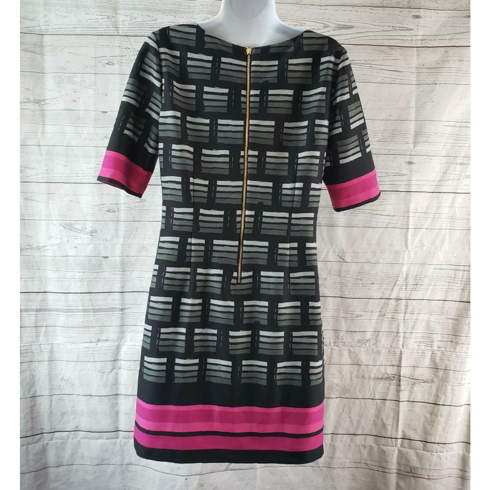 Vintage Eliza J Womens Dress 10P Gray Pink Striped Half Sleeves Exposed Zipper Shirt Dress Womens 10P Size L / US 10 / IT 46 - 3 Thumbnail