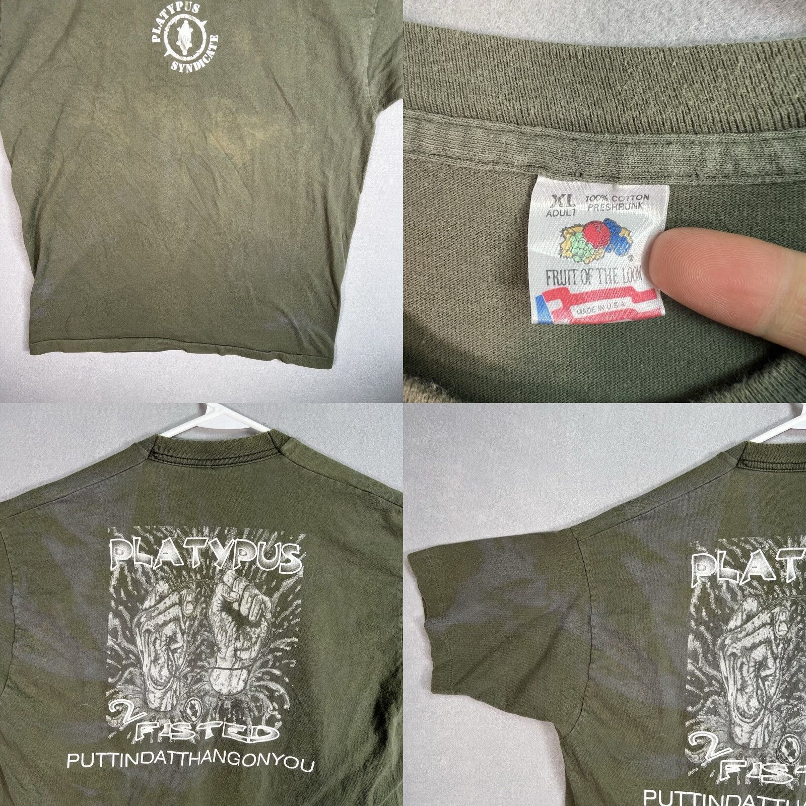 Fruit Of The Loom VINTAGE Fruit of the Loom 90s Platypus Syndicate Graphic Tee Adult XL Men Green Cotton 1990s Sportswear/Beach T-Shirt Mens Size US XL / EU 56 / 4 - 8 Thumbnail